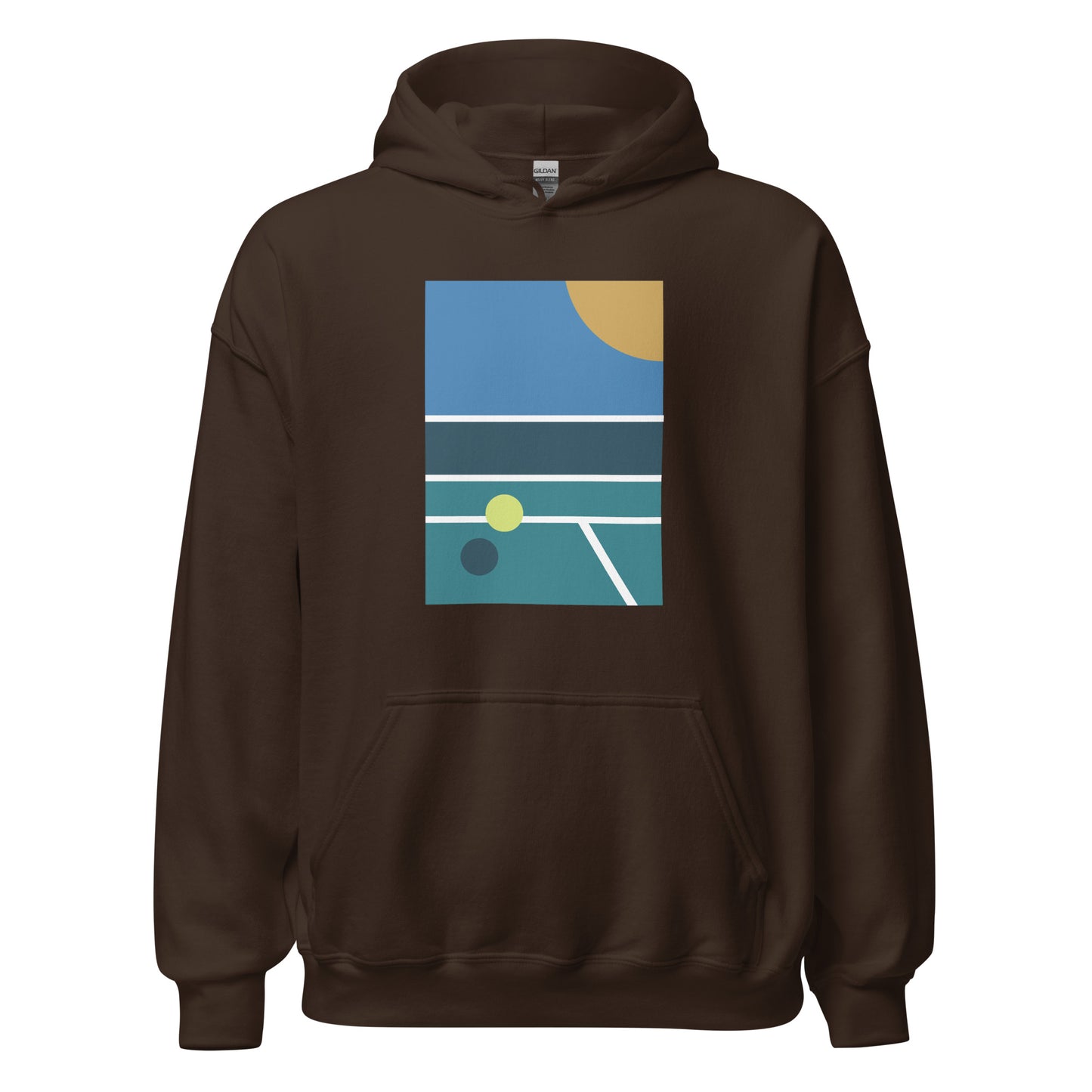 minimalist pickleball court scene on brown hoodie, front view on white background