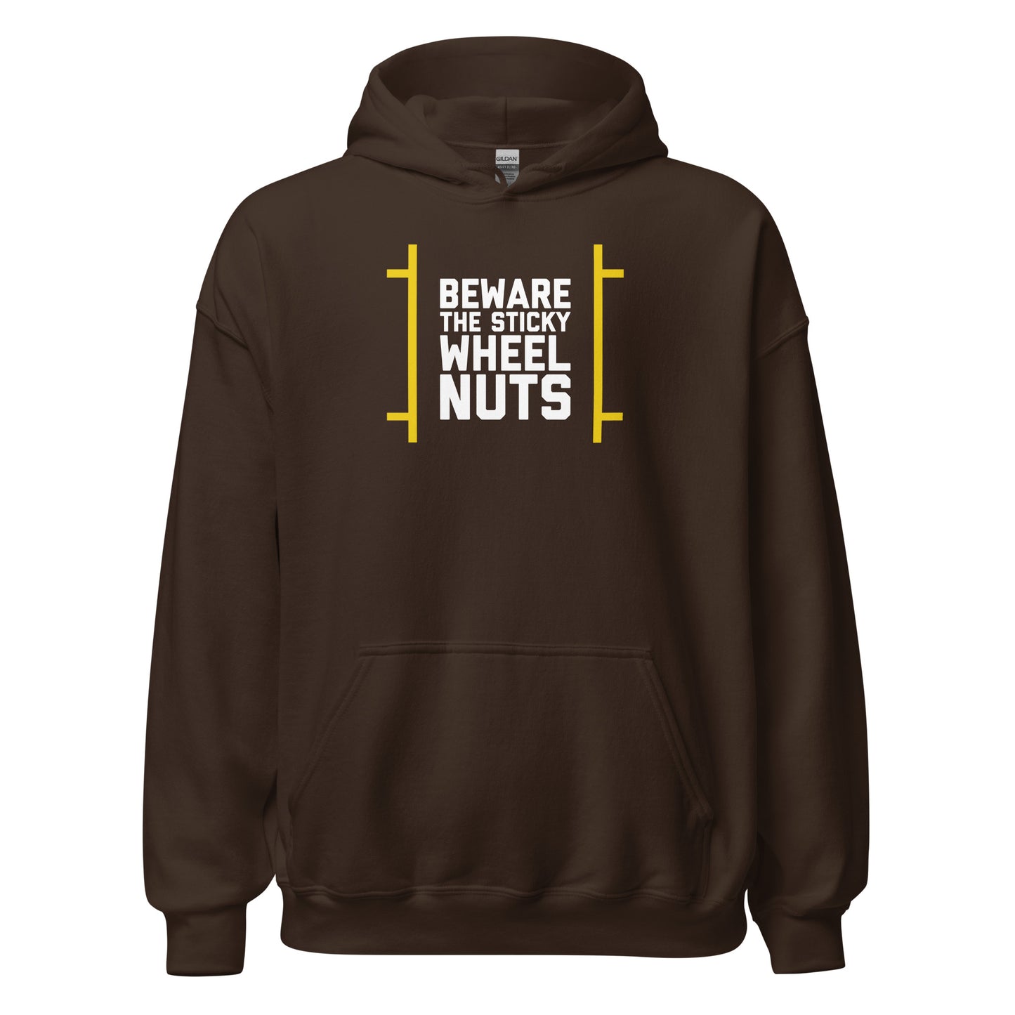 Beware The Sticky Wheel Nuts text on brown hoodie, front view on white background