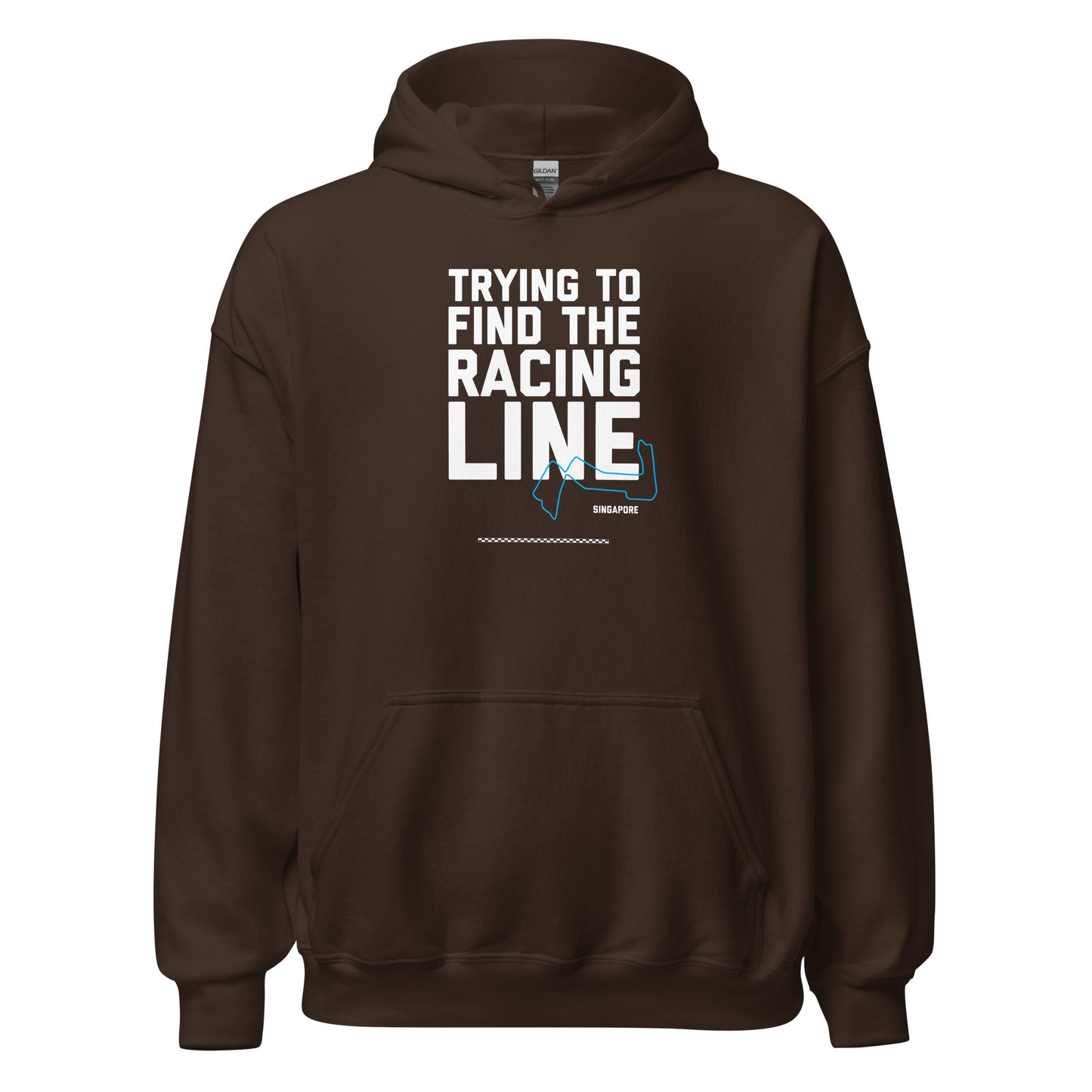 Trying To Find The Racing Line text on brown hoodie, front view on white background