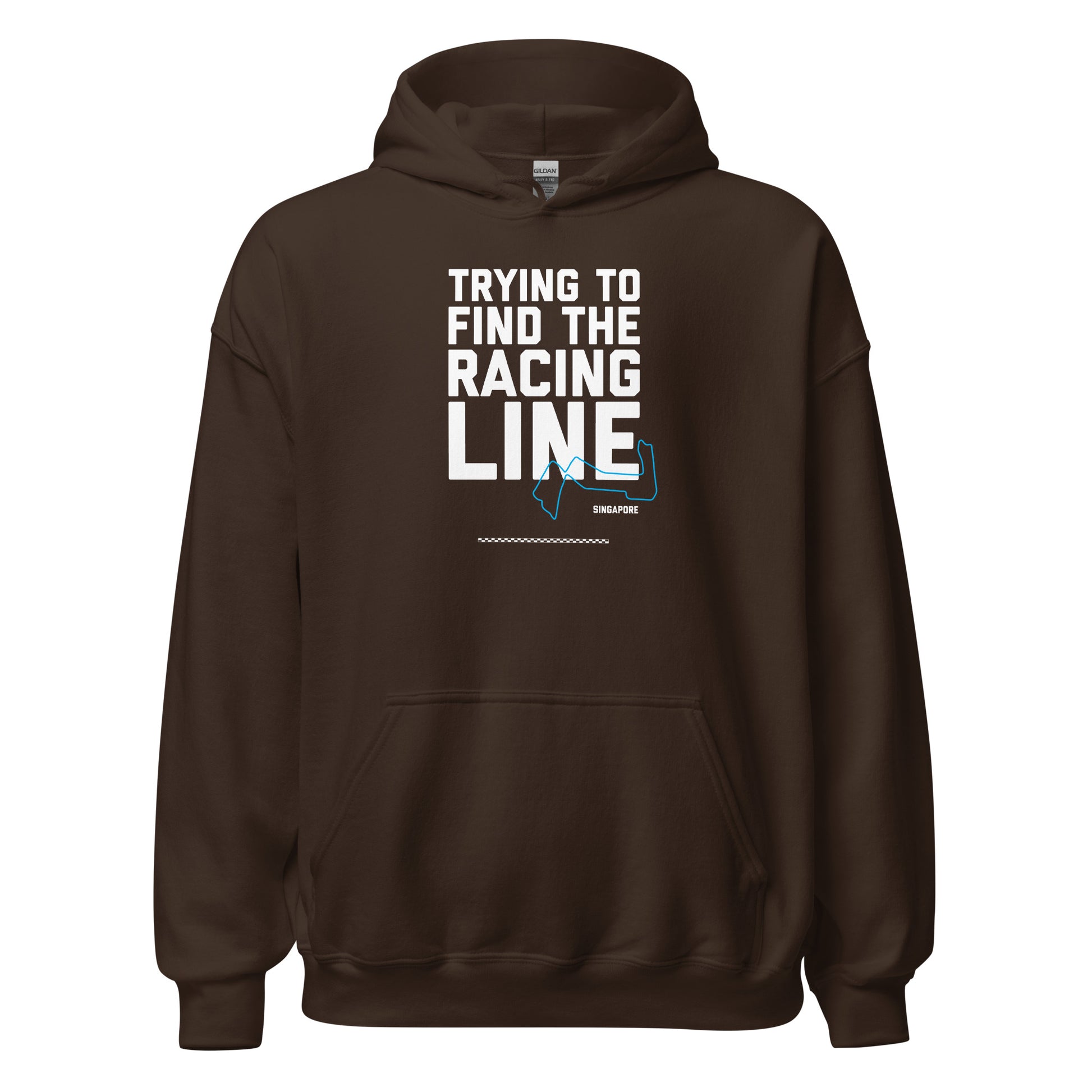 Trying To Find The Racing Line text on brown hoodie, front view on white background