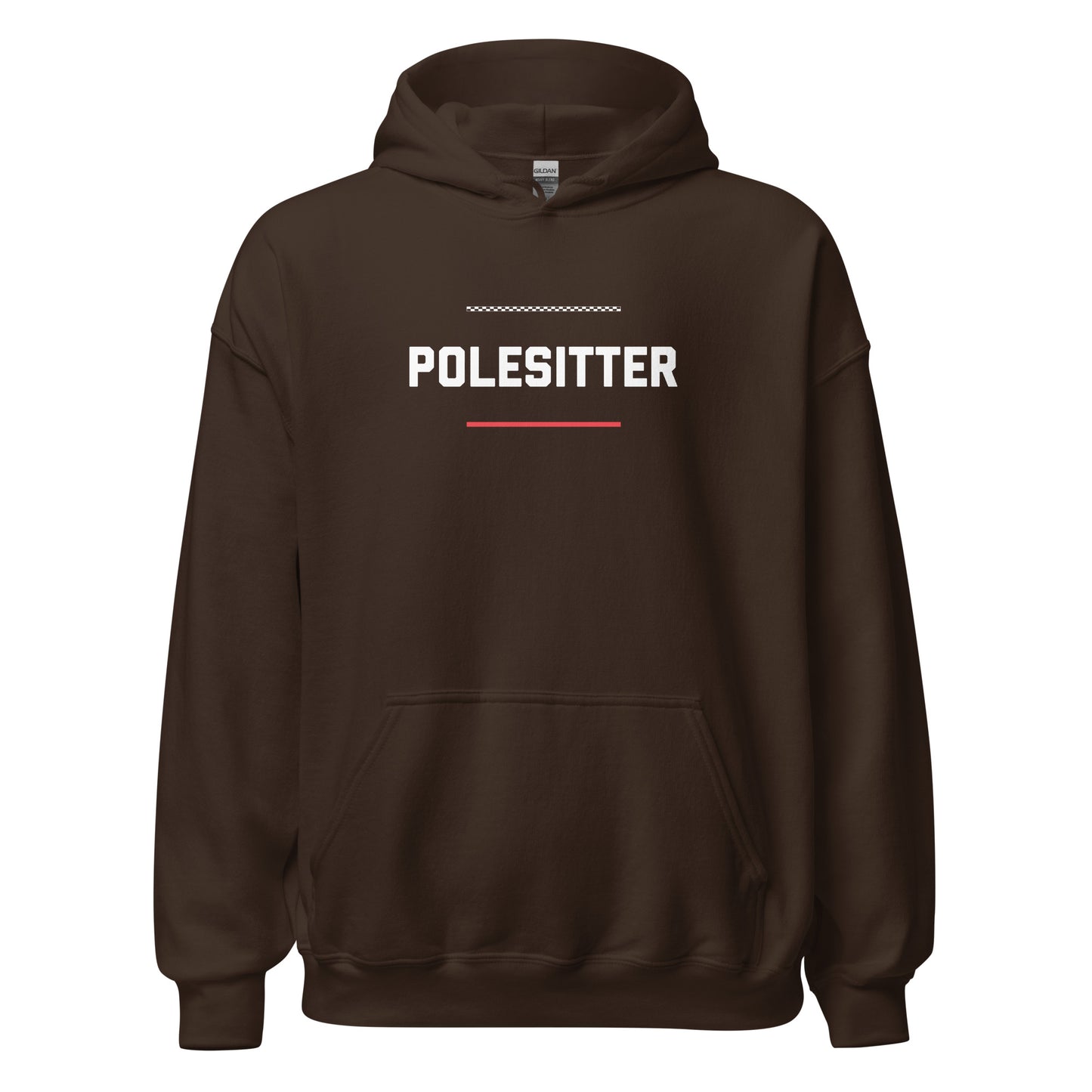 Polesitter text on brown hoodie, front view on white background