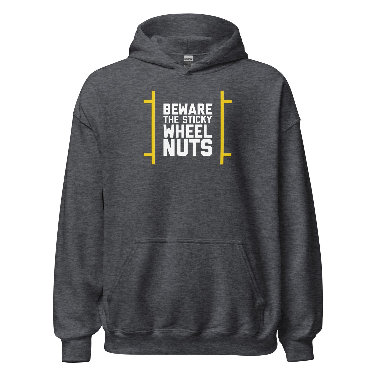 Beware The Sticky Wheel Nuts text on grey heather hoodie, front view on white background
