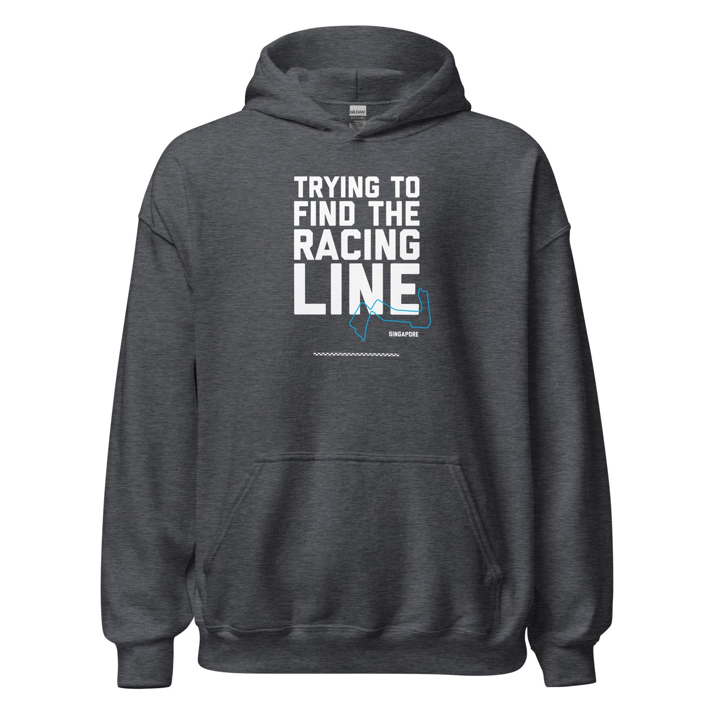 Trying To Find The Racing Line text on grey heather hoodie, front view on white background