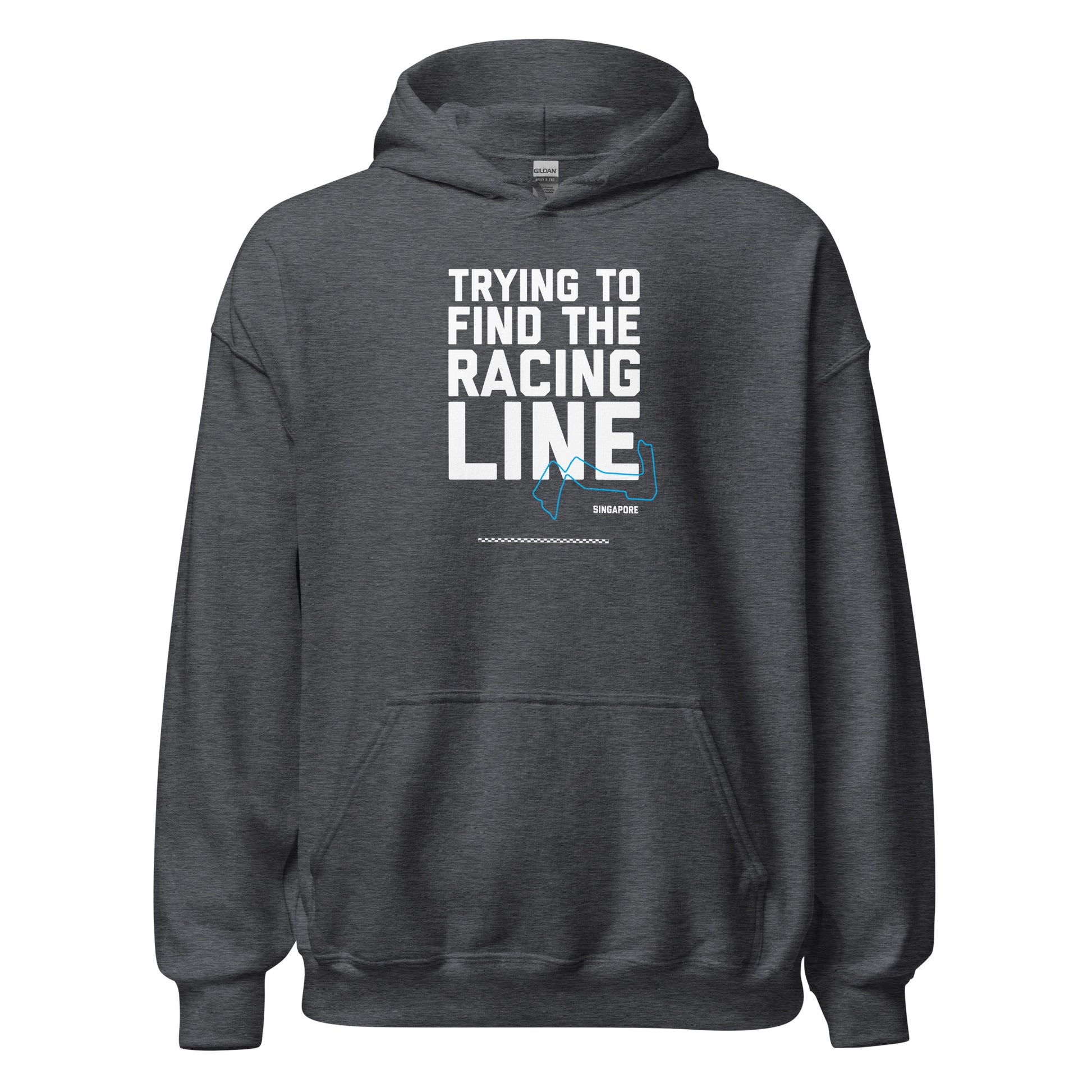Trying To Find The Racing Line text on grey heather hoodie, front view on white background
