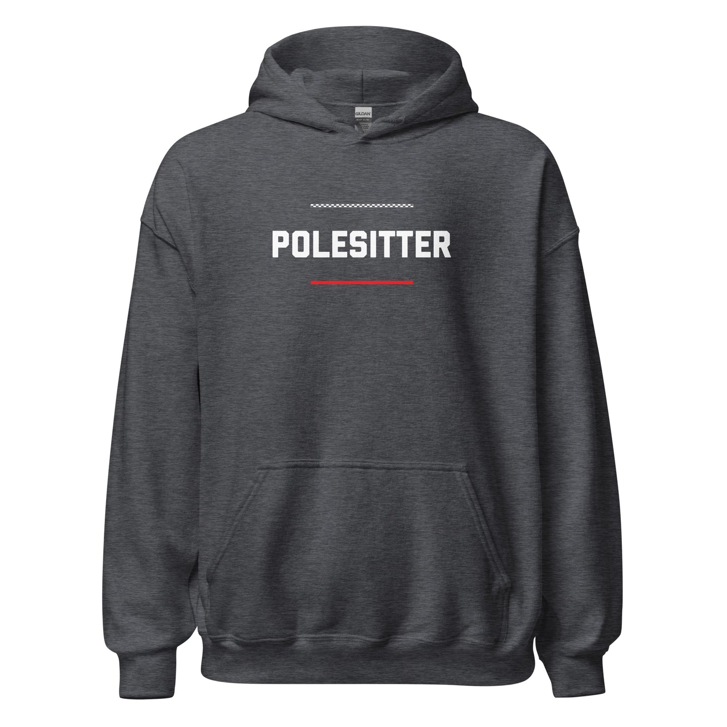 Polesitter text on grey hoodie, front view on white background