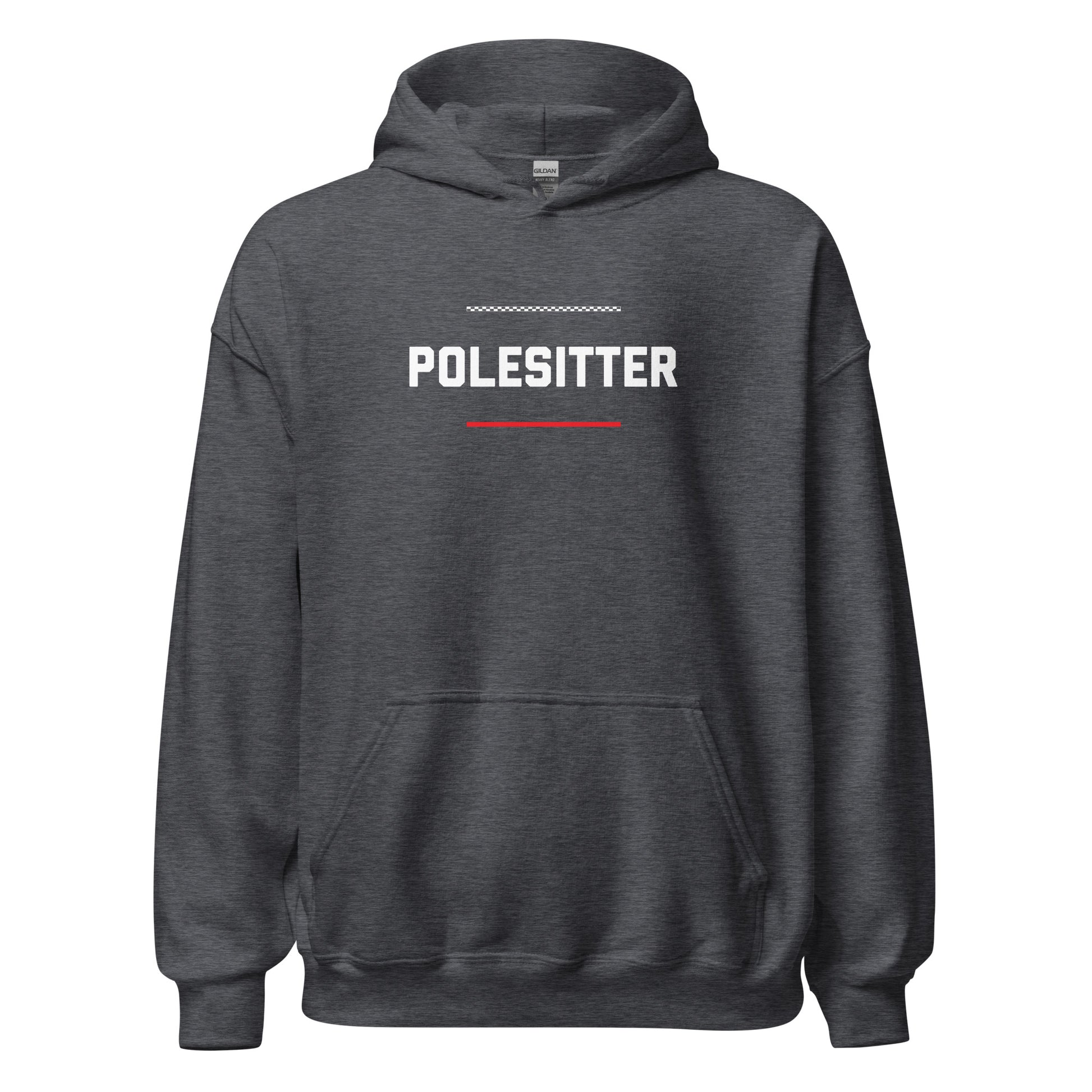 Polesitter text on grey hoodie, front view on white background