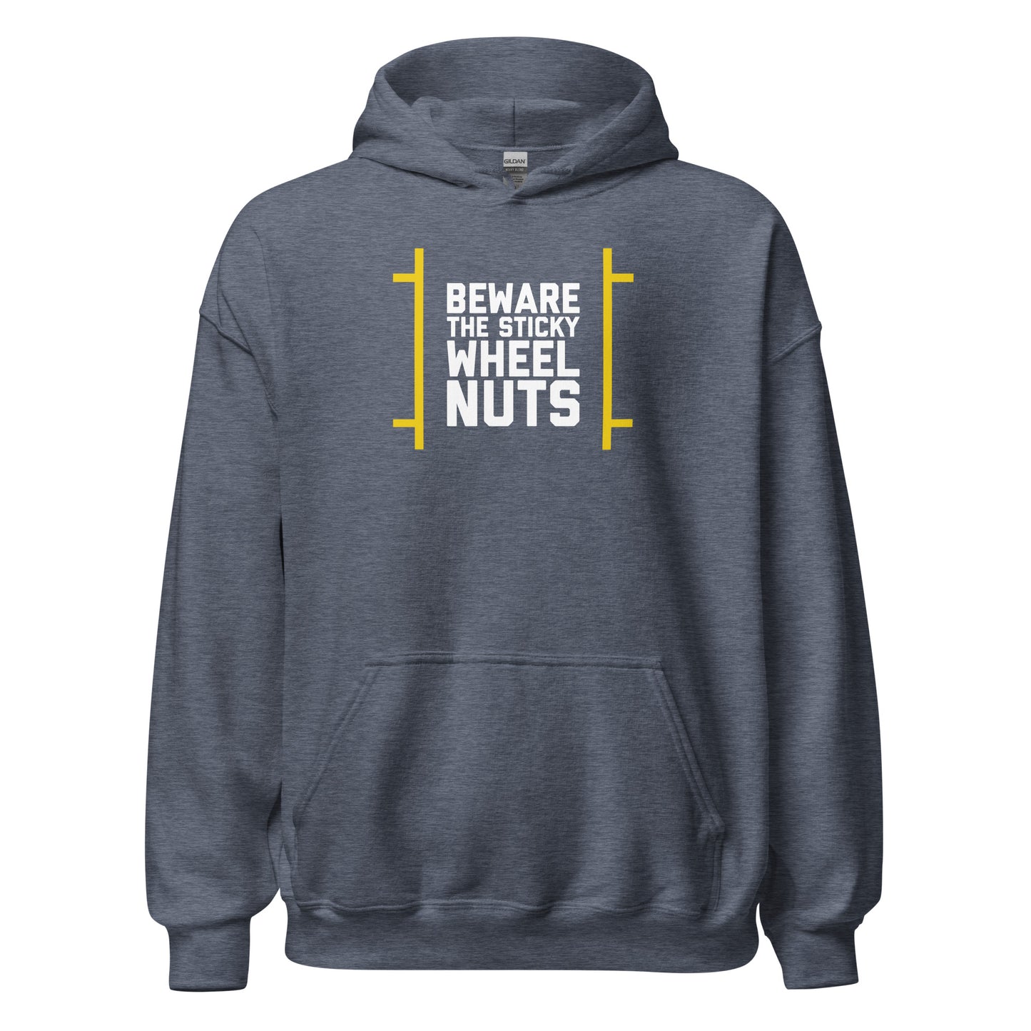 Beware The Sticky Wheel Nuts text on blue grey hoodie, front view on white background