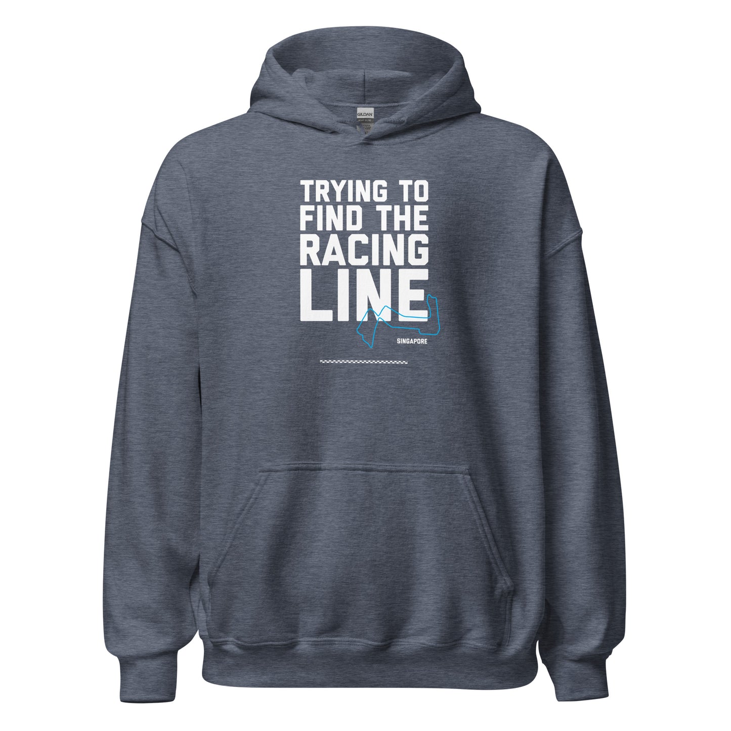 Trying To Find The Racing Line text on blue grey hoodie, front view on white background