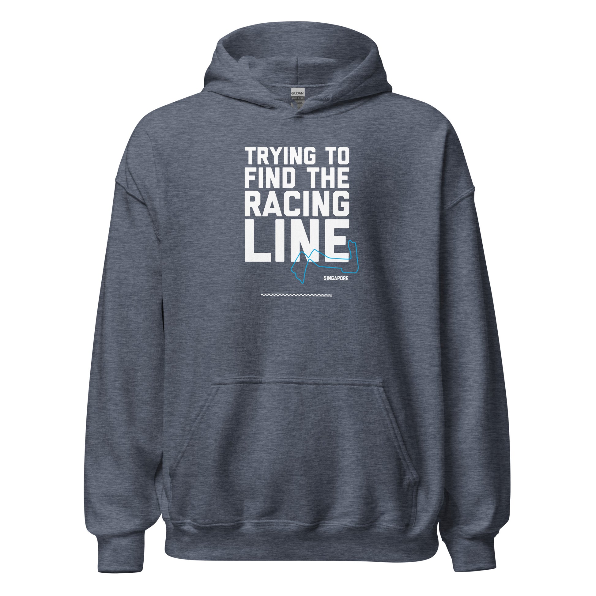 Trying To Find The Racing Line text on blue grey hoodie, front view on white background