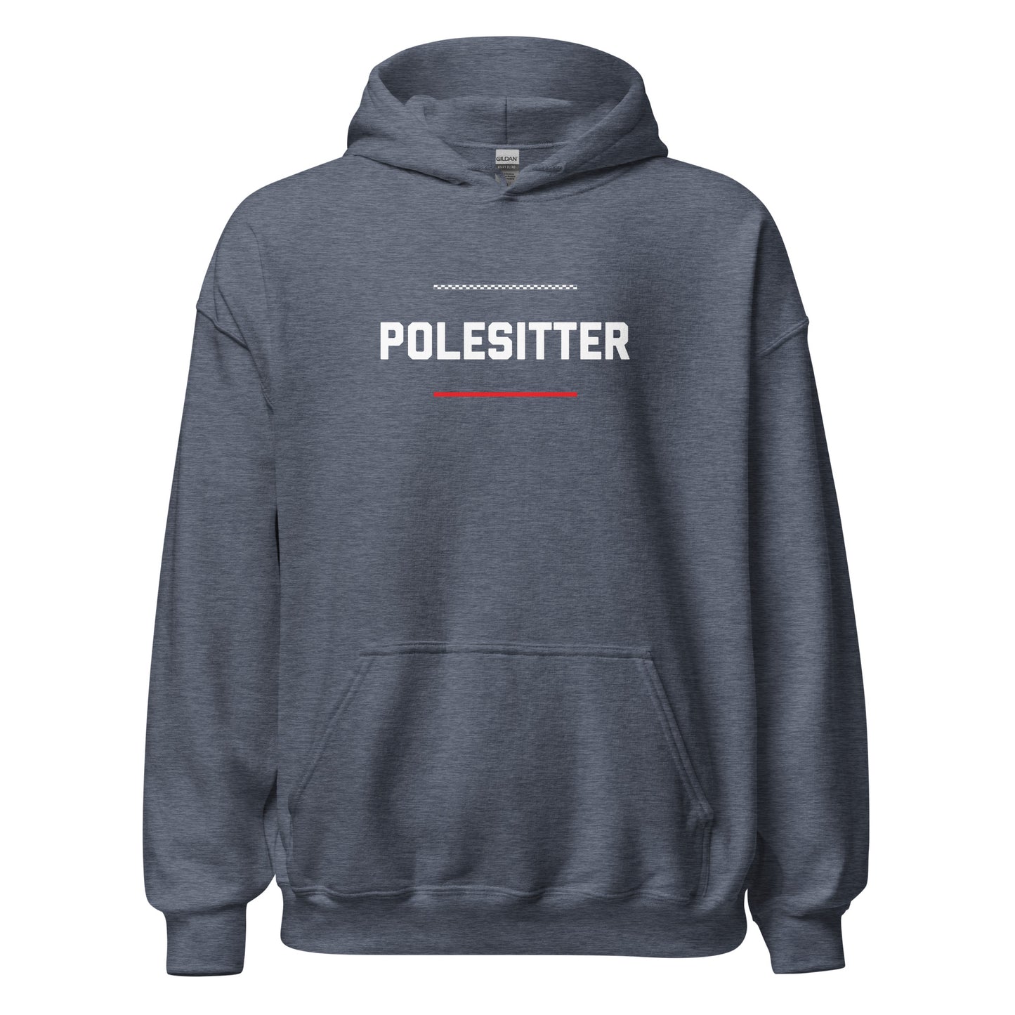 Polesitter text on blue grey hoodie, front view on white background