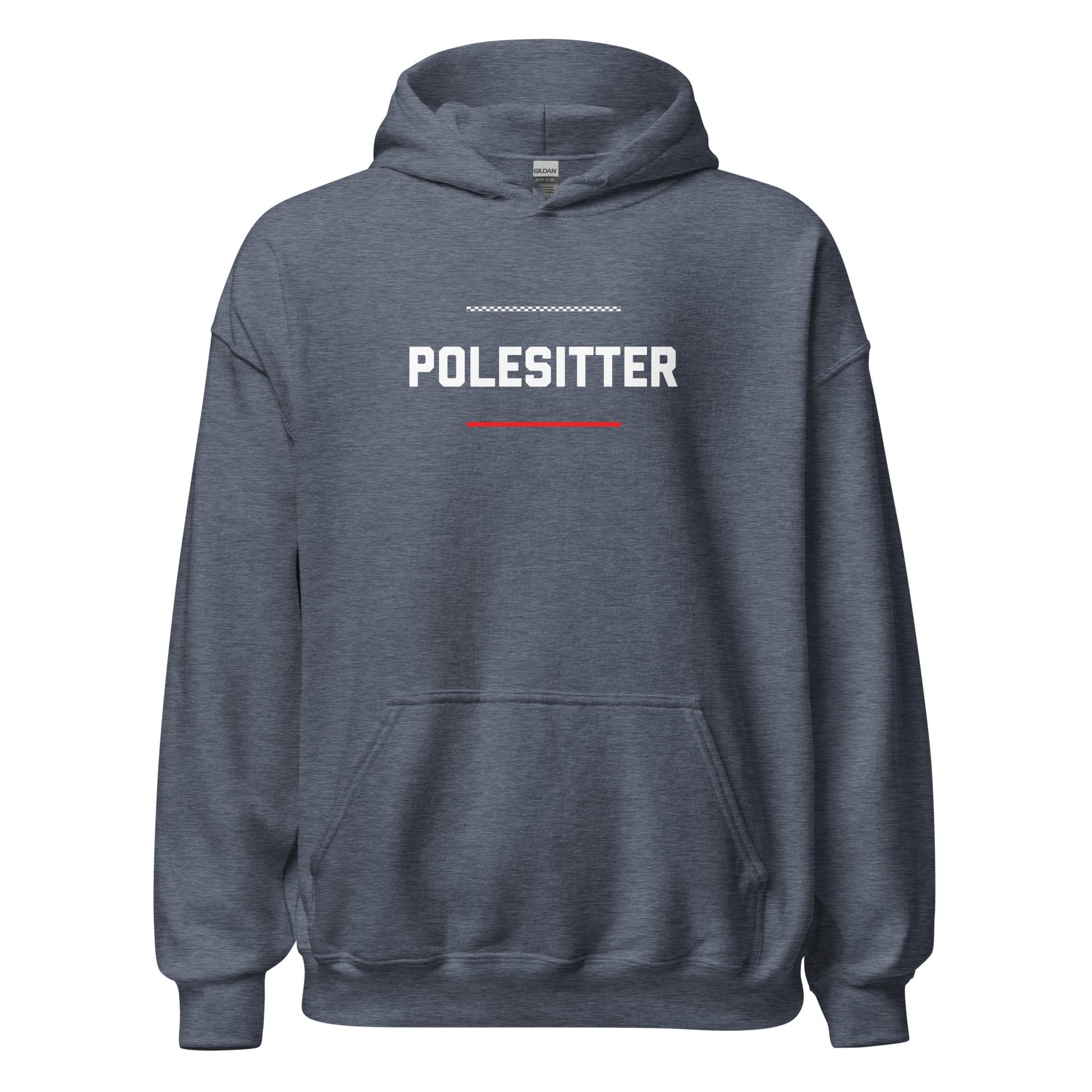 Polesitter text on blue grey hoodie, front view on white background