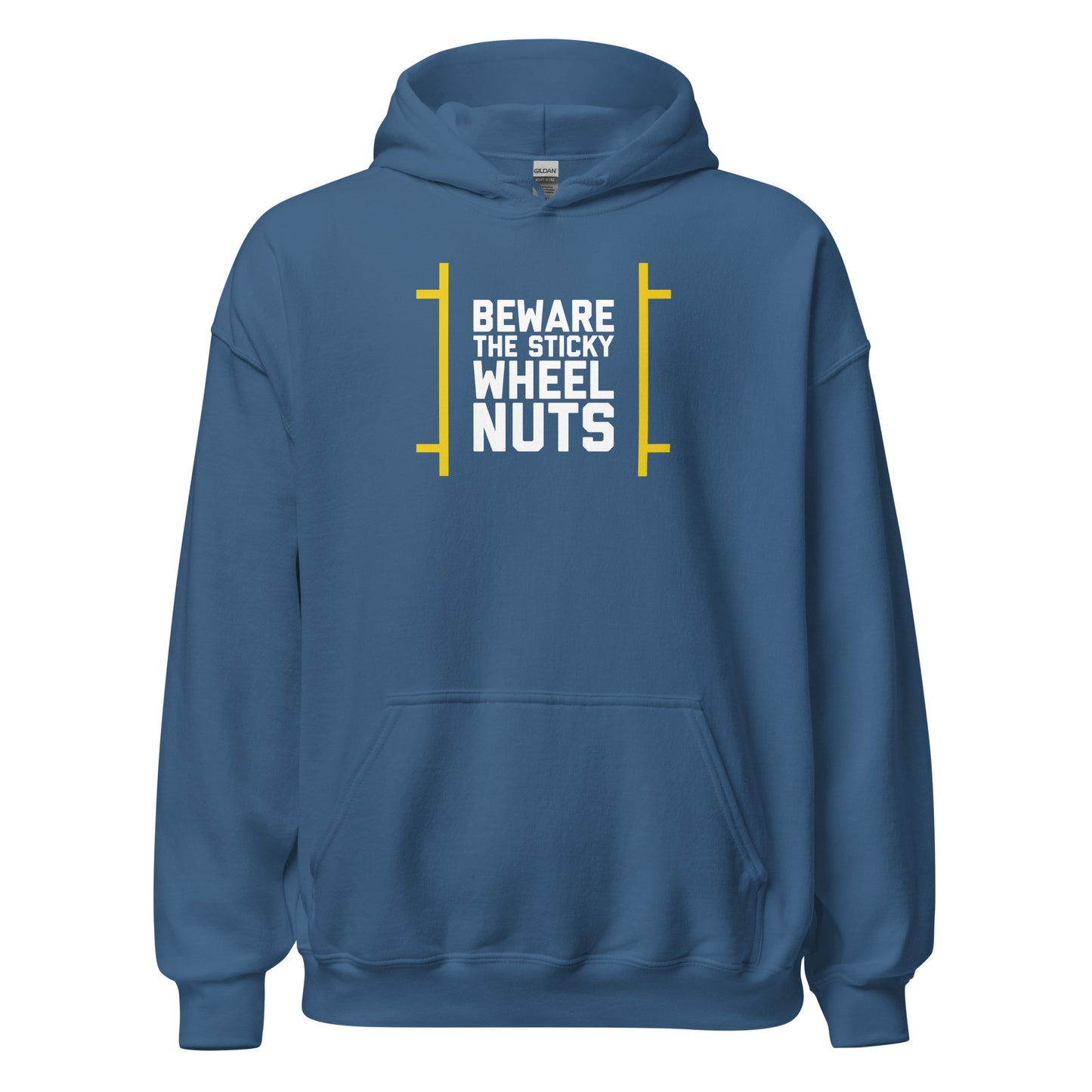 Beware The Sticky Wheel Nuts text on pale light blue hoodie, front view on white background