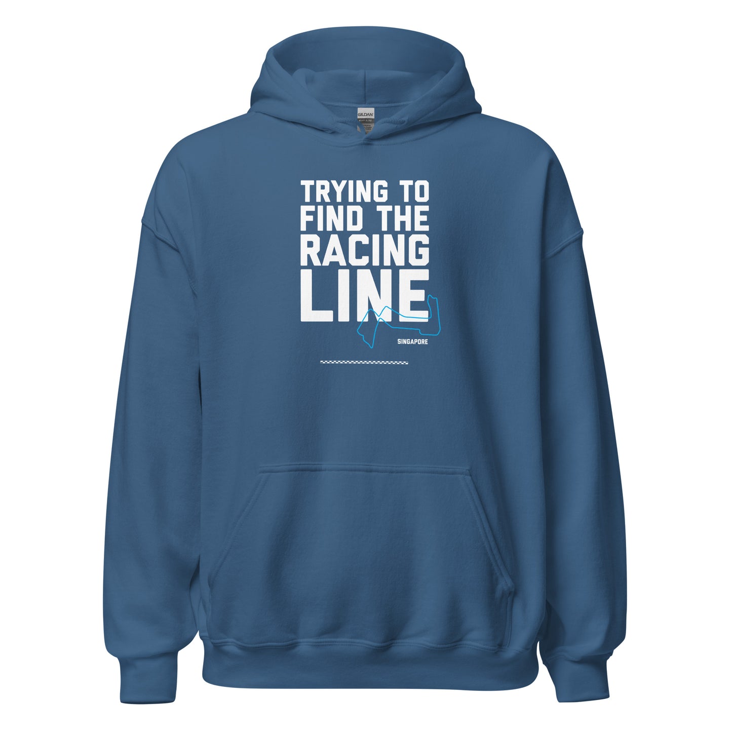 Trying To Find The Racing Line text on pale blue hoodie, front view on white background