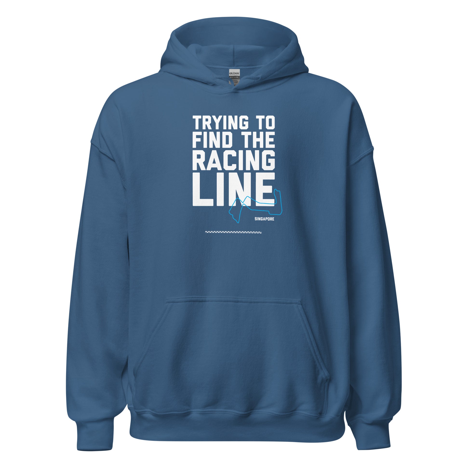 Trying To Find The Racing Line text on pale blue hoodie, front view on white background