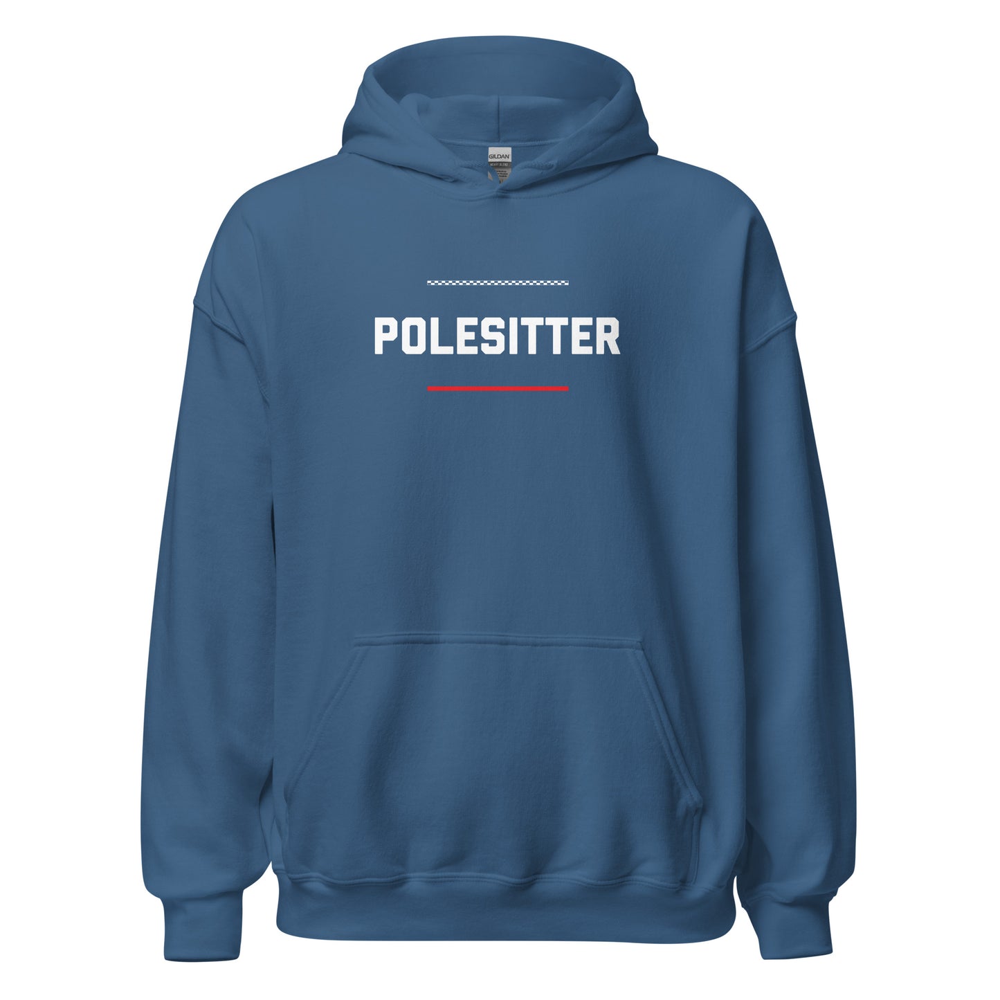 Polesitter text on pale blue hoodie, front view on white background