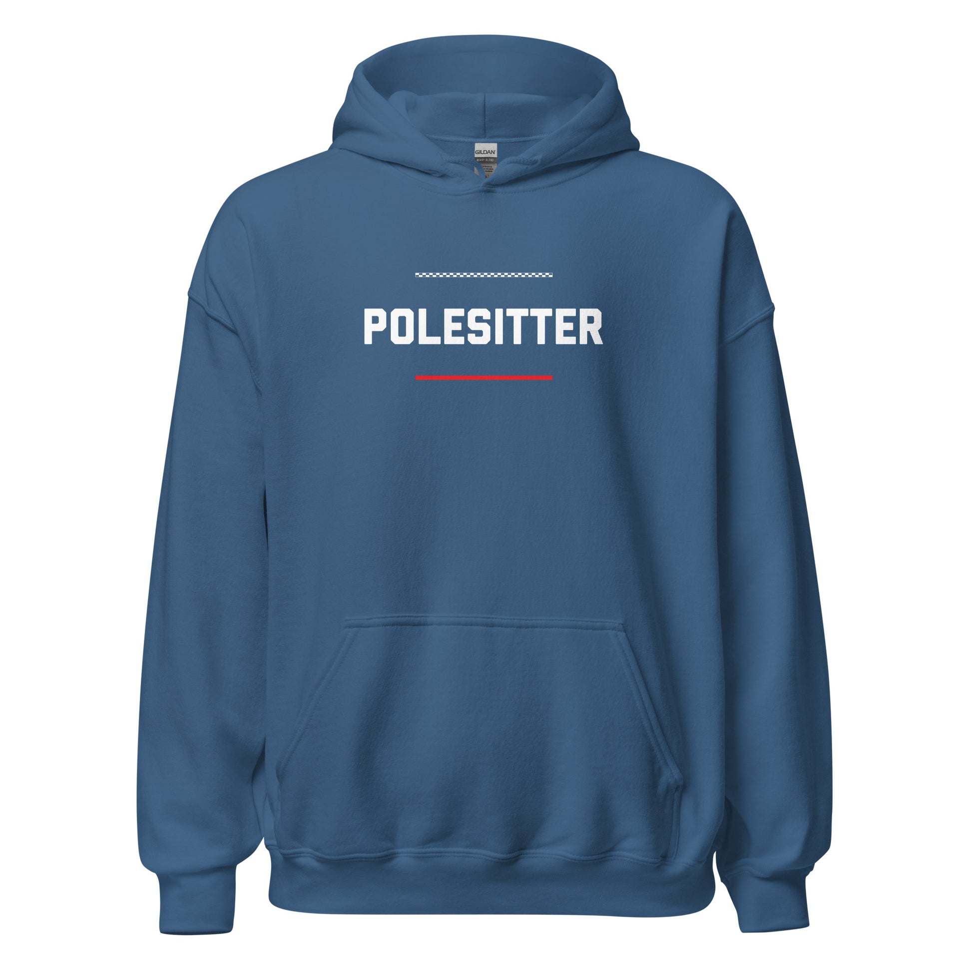 Polesitter text on pale blue hoodie, front view on white background