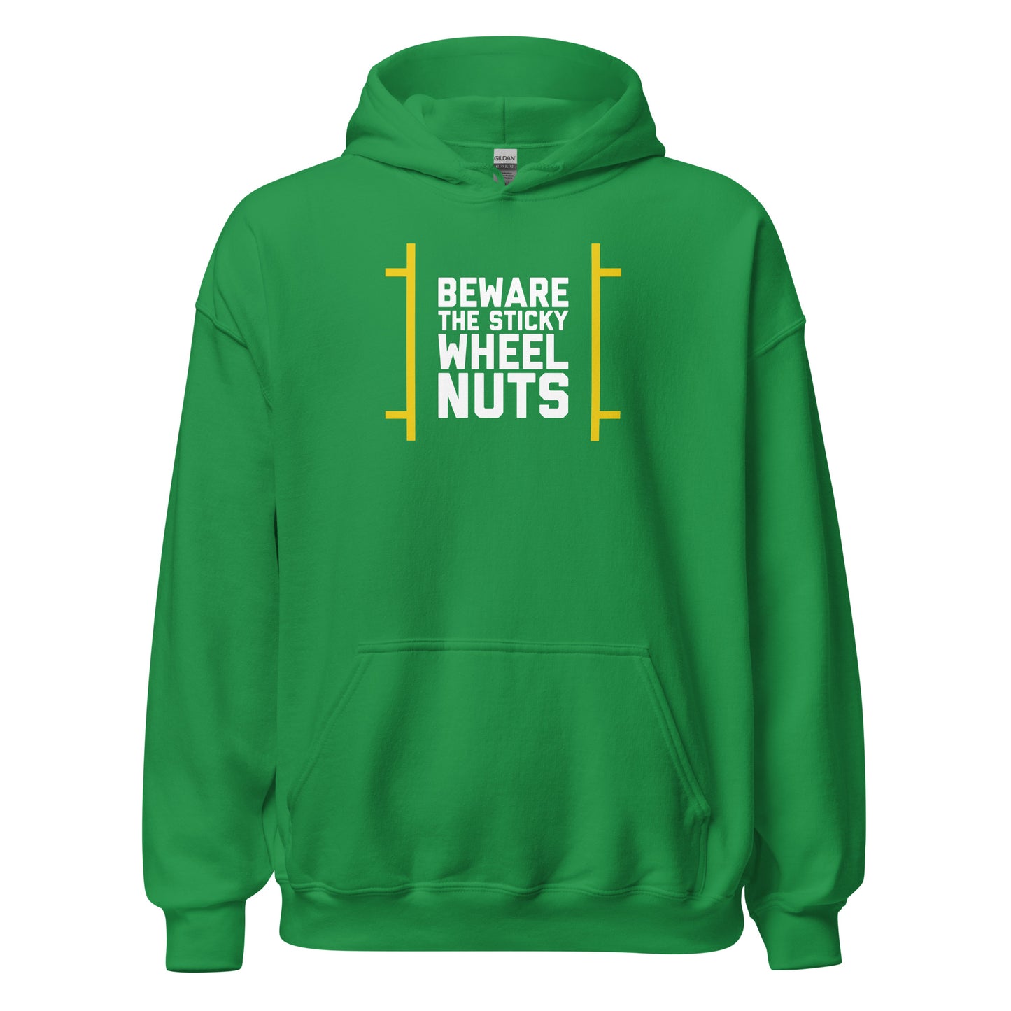 Beware The Sticky Wheel Nuts text on green hoodie, front view on white background