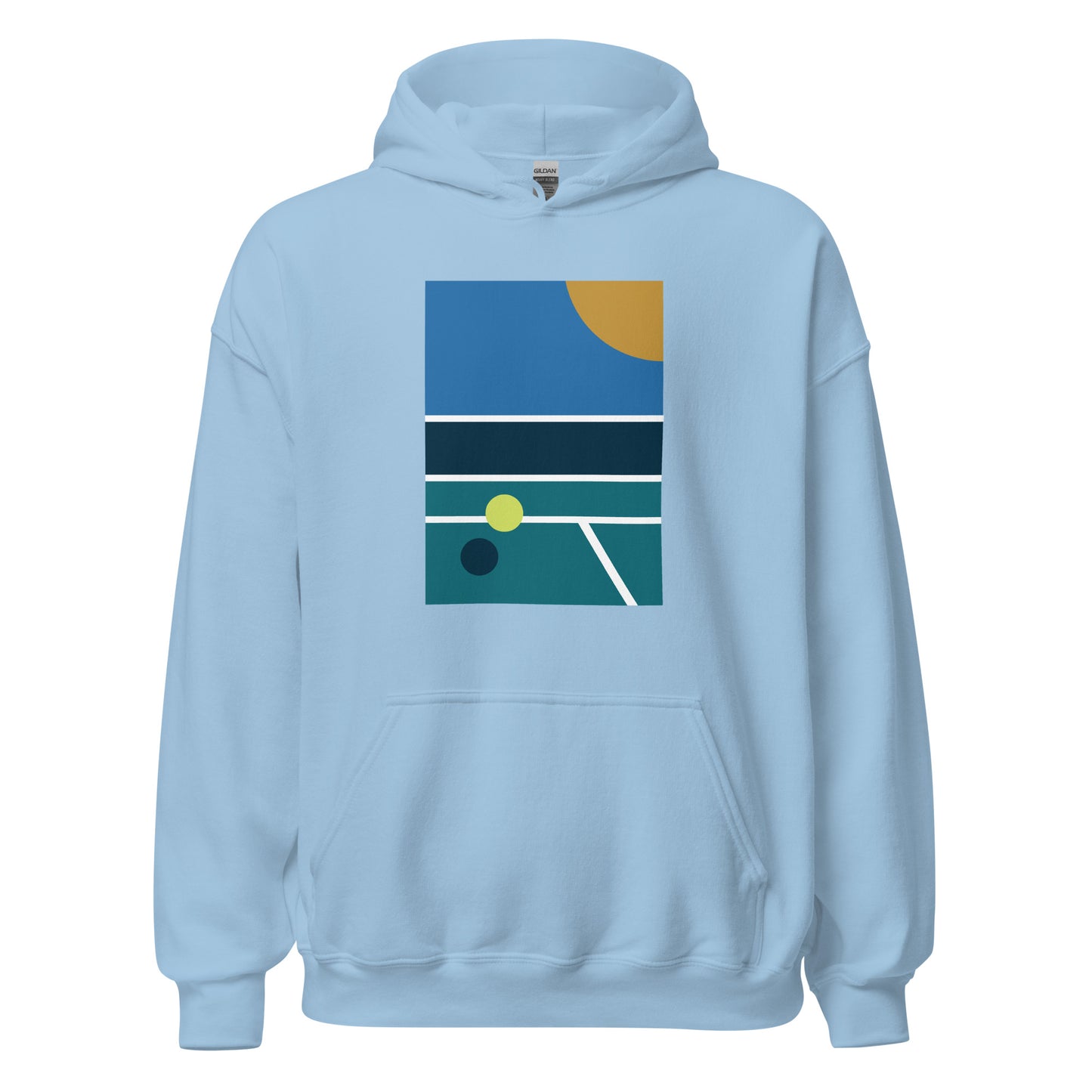 minimalist pickleball court scene on light blue hoodie, front view on white background
