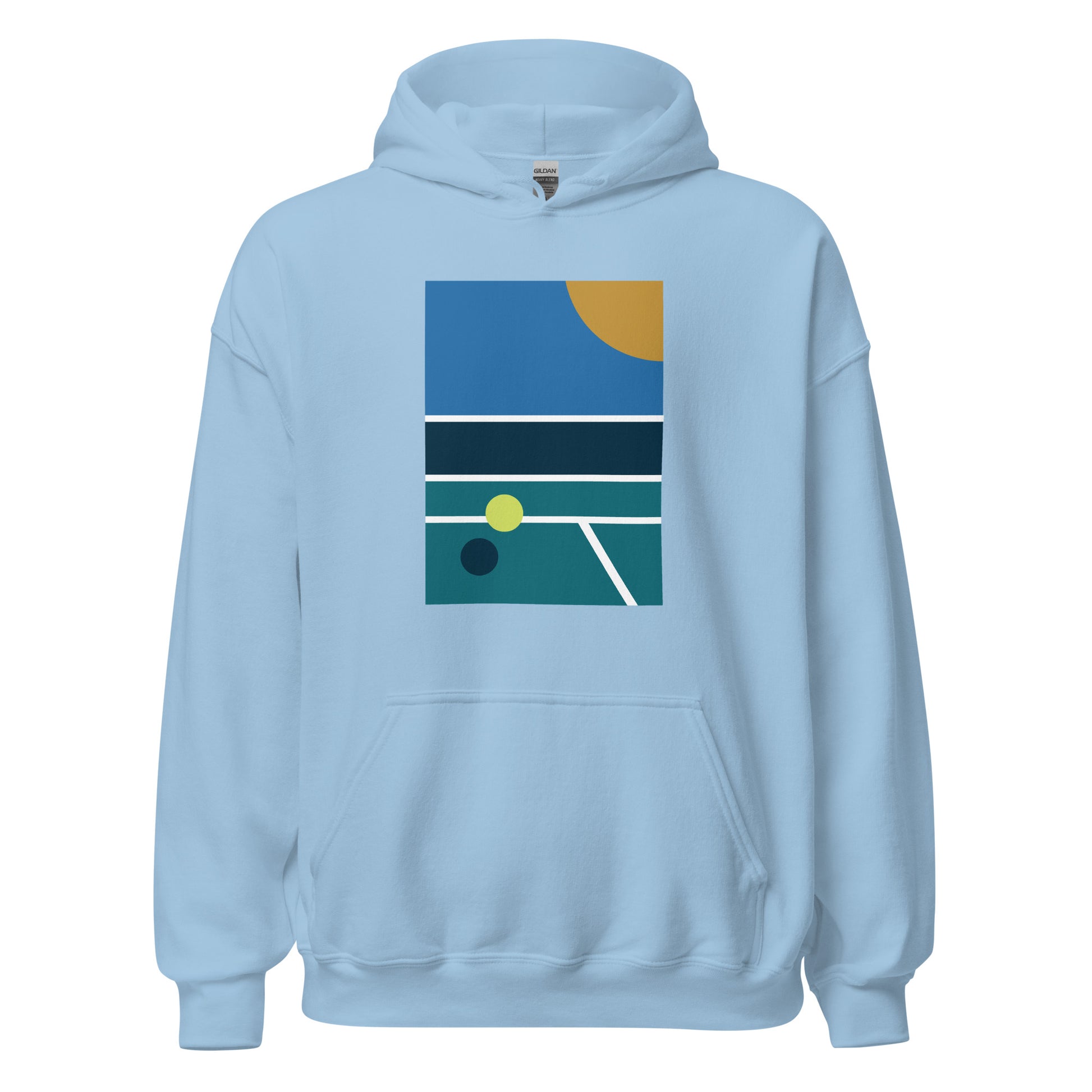 minimalist pickleball court scene on light blue hoodie, front view on white background