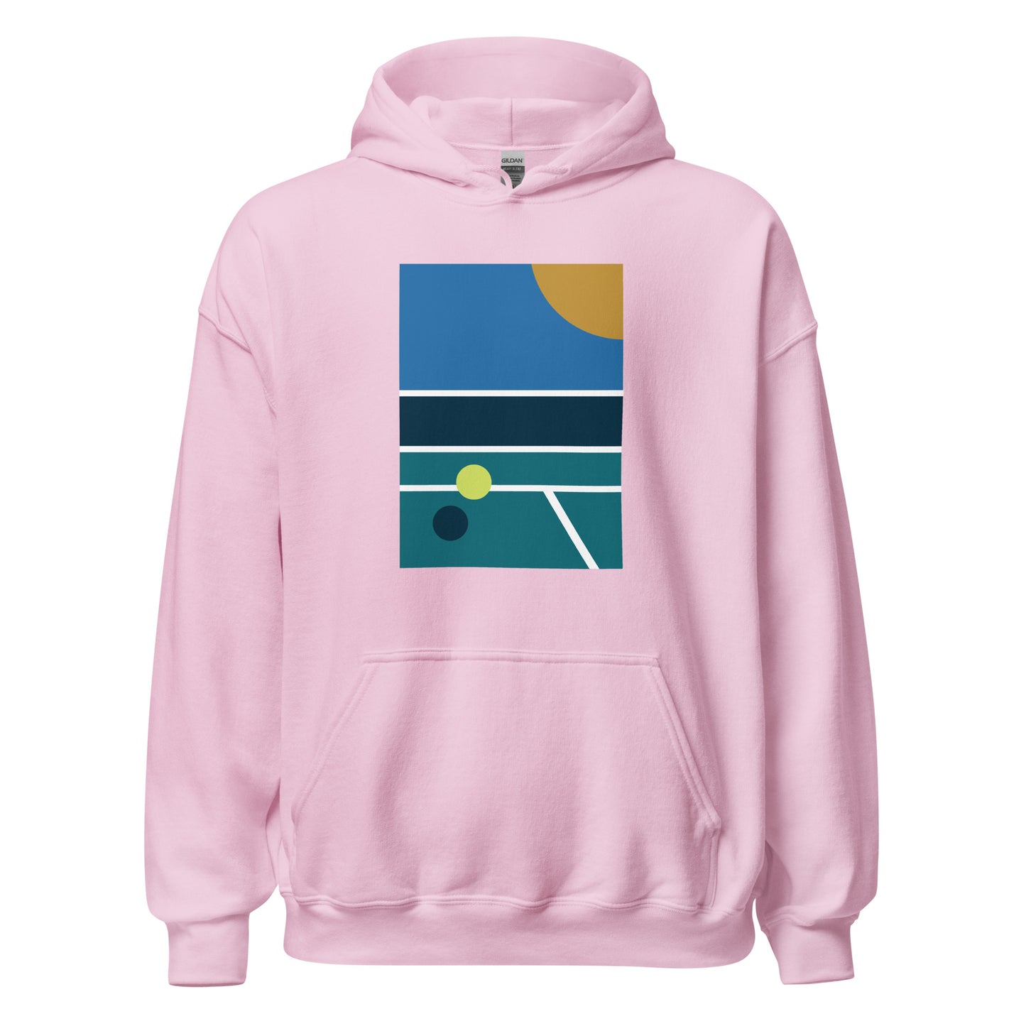 minimalist pickleball court scene on pink hoodie, front view on white background