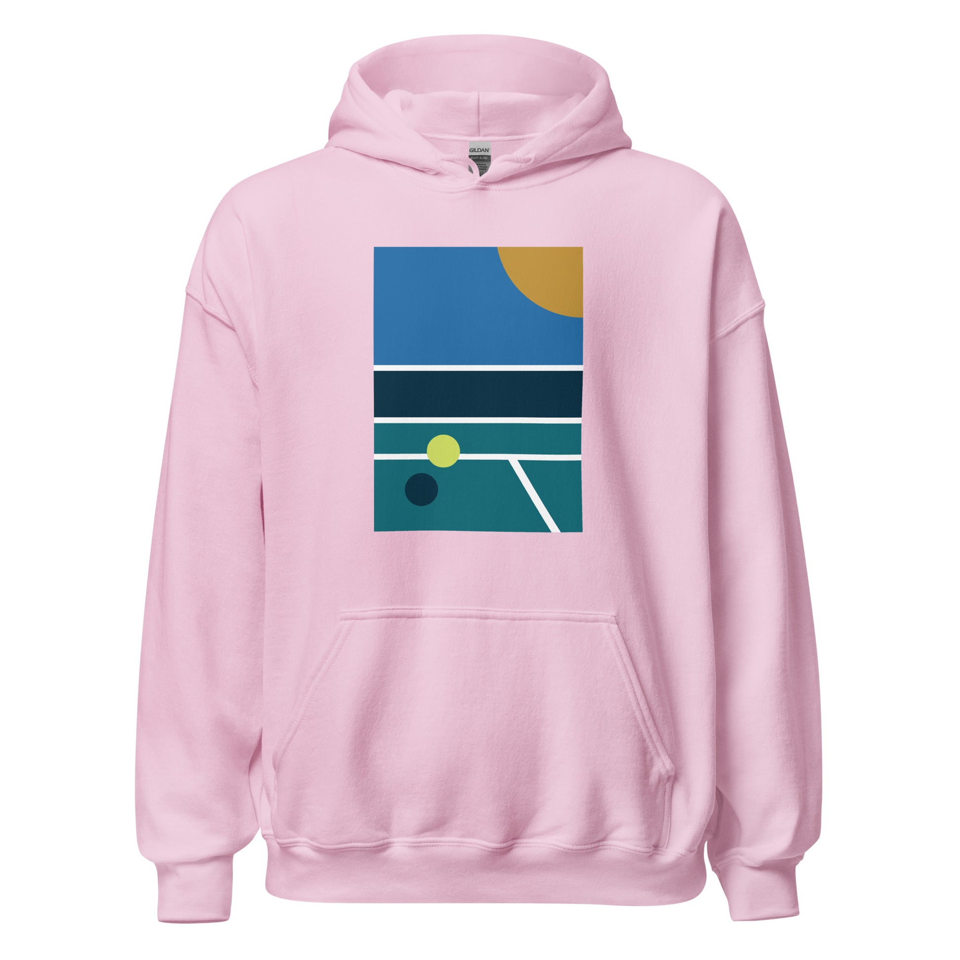 minimalist pickleball court scene on pink hoodie, front view on white background