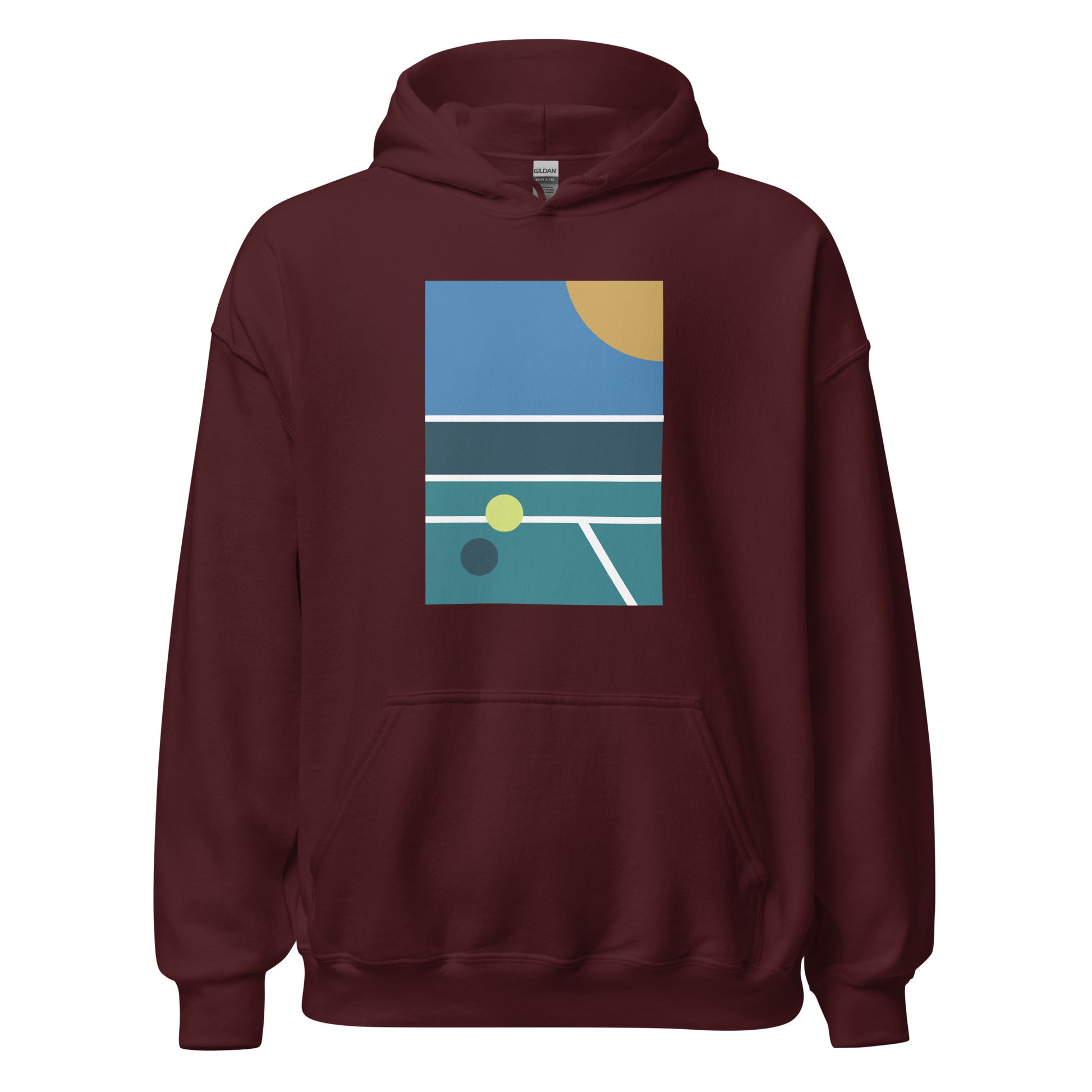 minimalist pickleball court scene on maroon hoodie, front view on white background