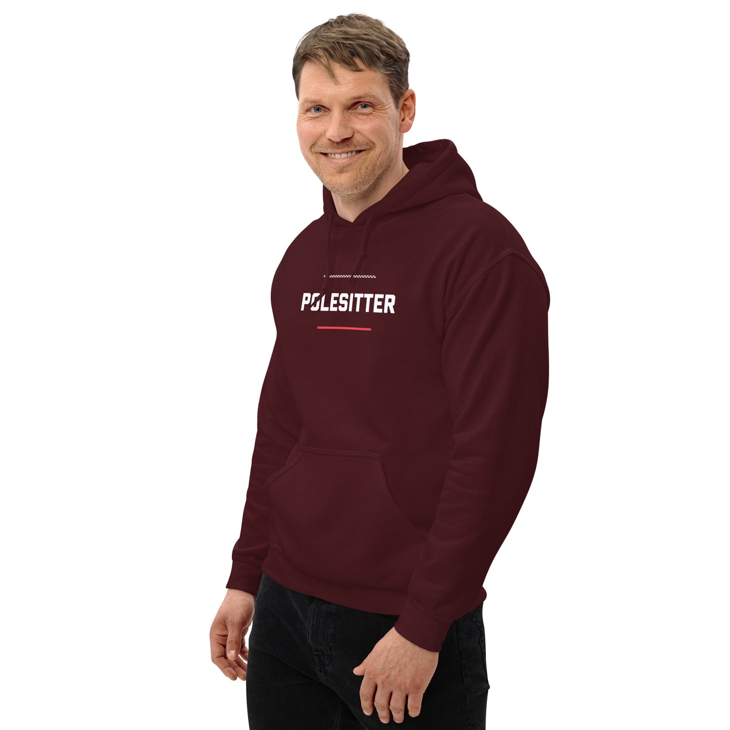 Polesitter text on maroon hoodie, front view on male model