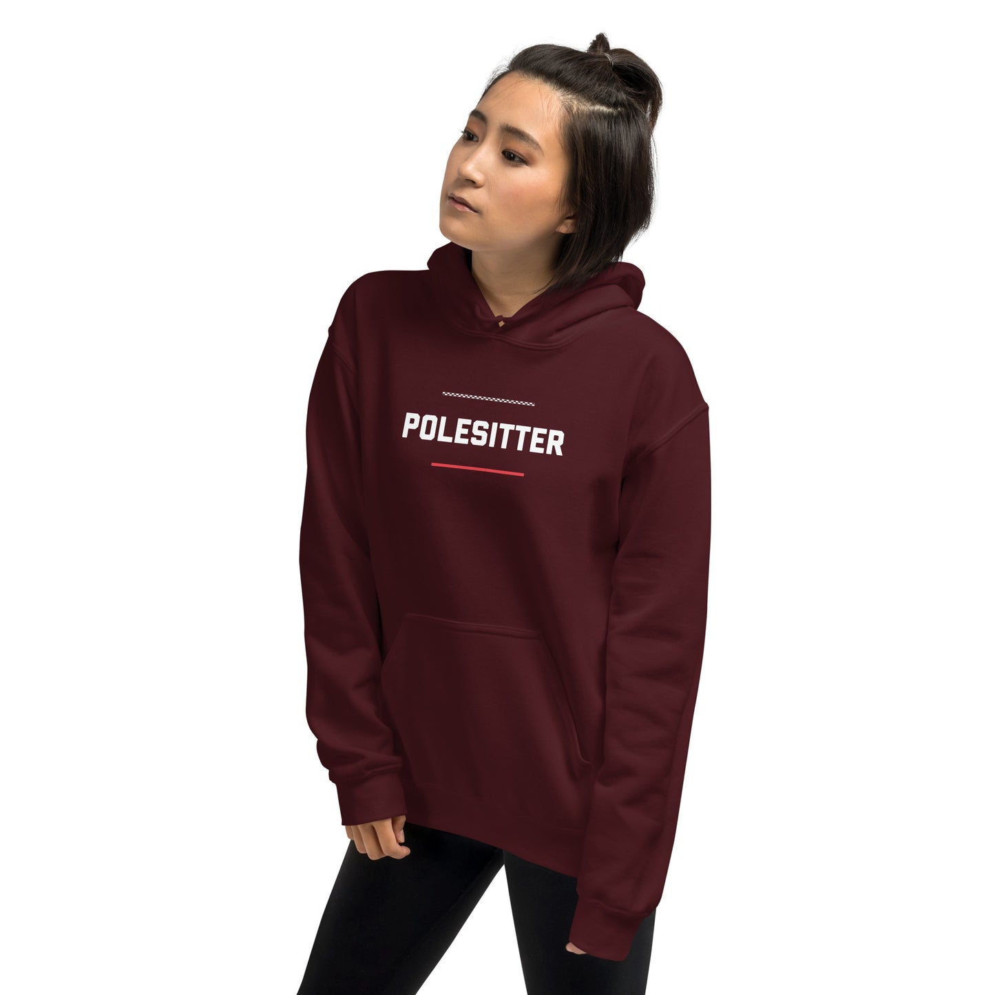 Polesitter text on maroon hoodie, front view on remale model