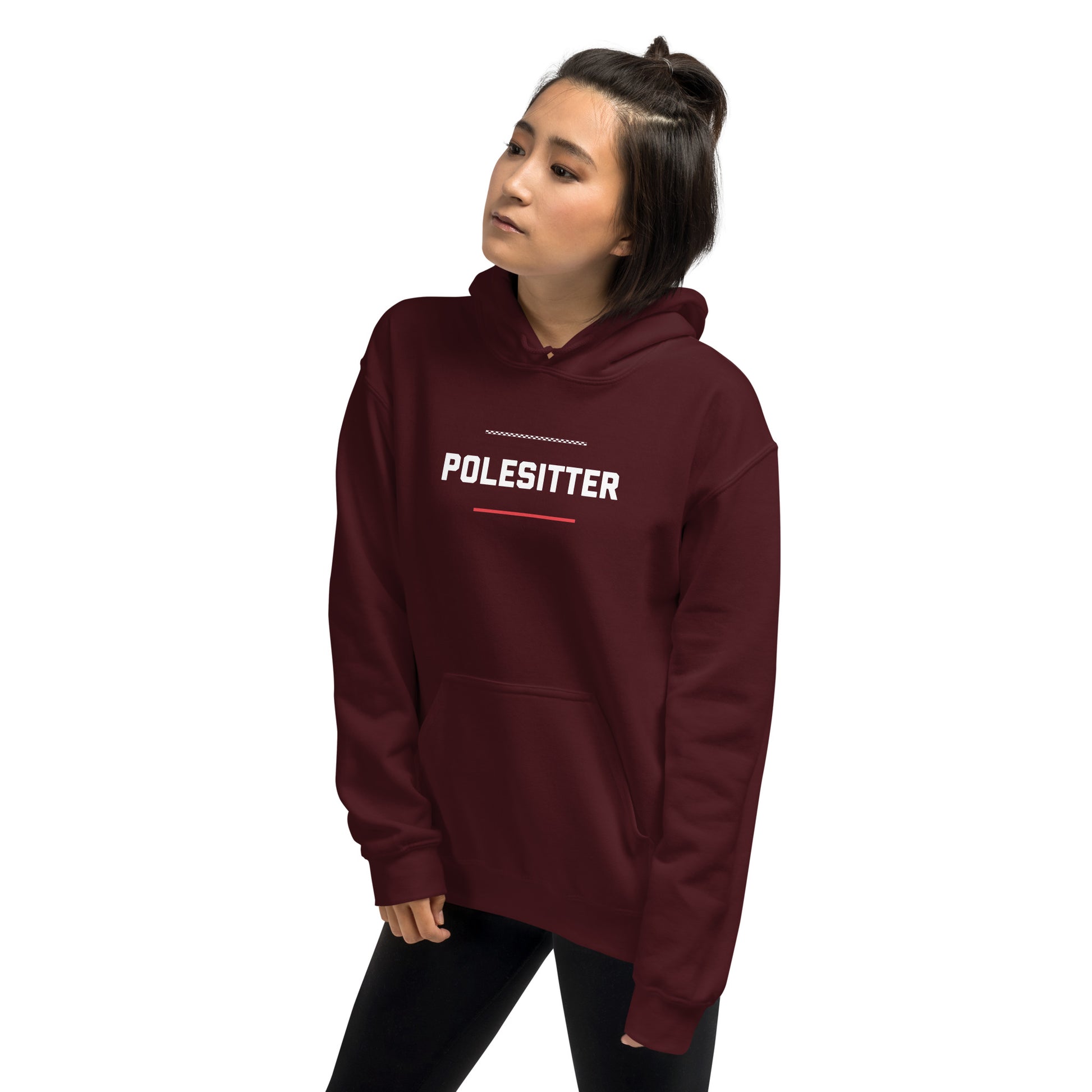 Polesitter text on maroon hoodie, front view on remale model