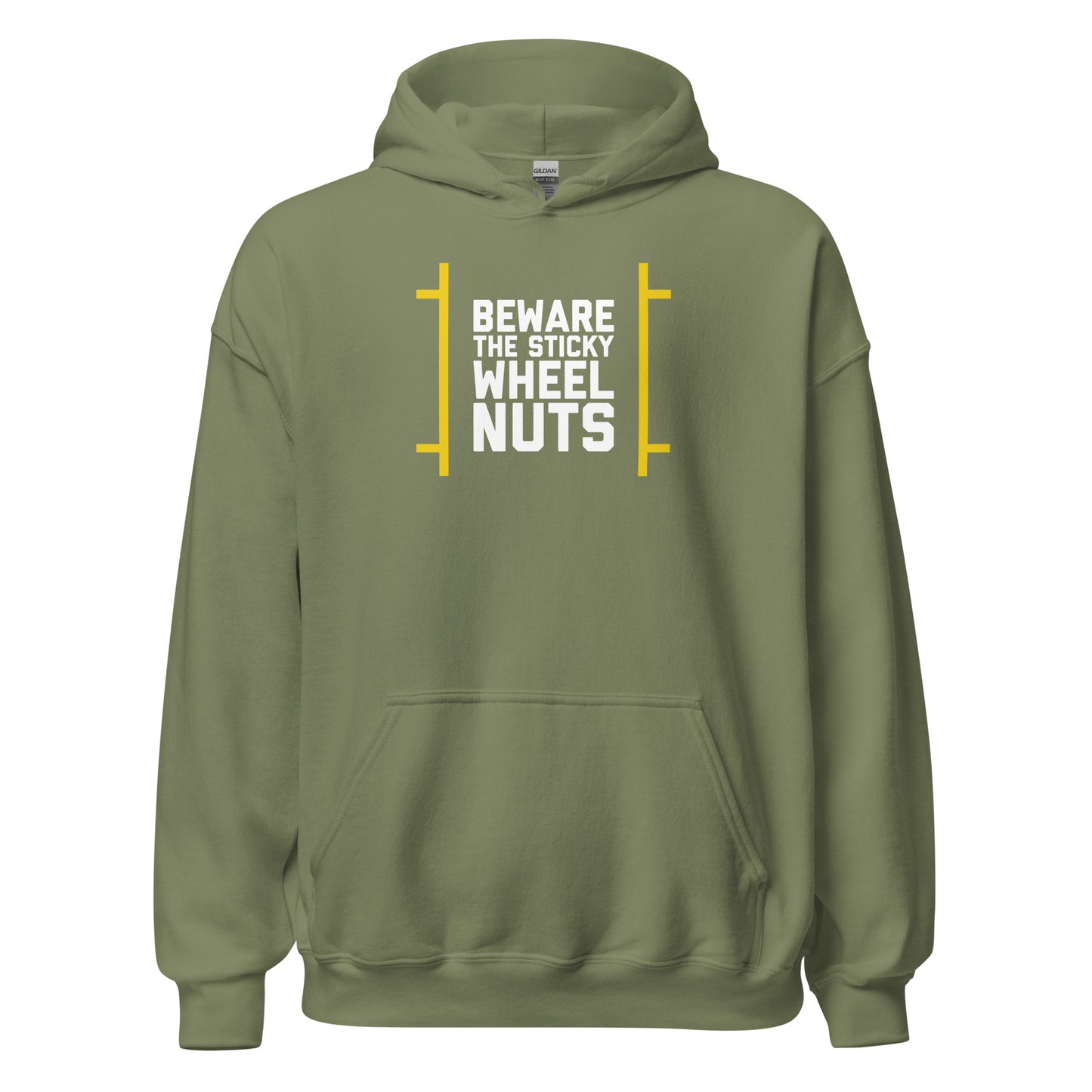 Beware The Sticky Wheel Nuts text on military green hoodie, front view on white background