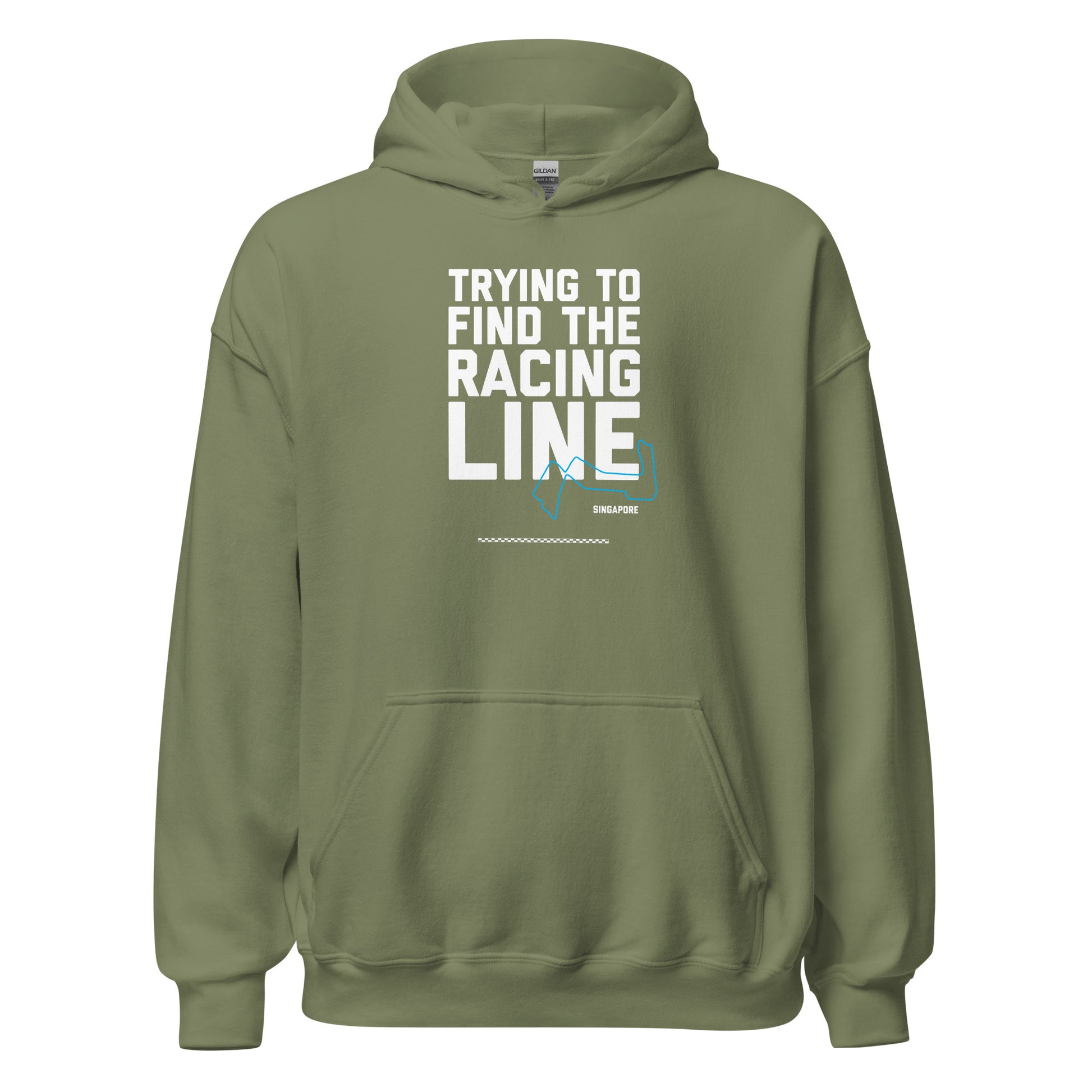 Trying To Find The Racing Line text on military green hoodie, front view on white background