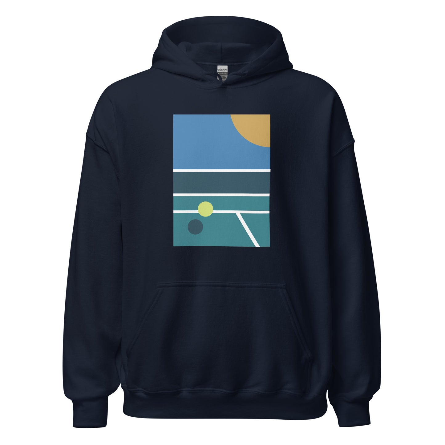 minimalist pickleball court scene on navy hoodie, front view on white background