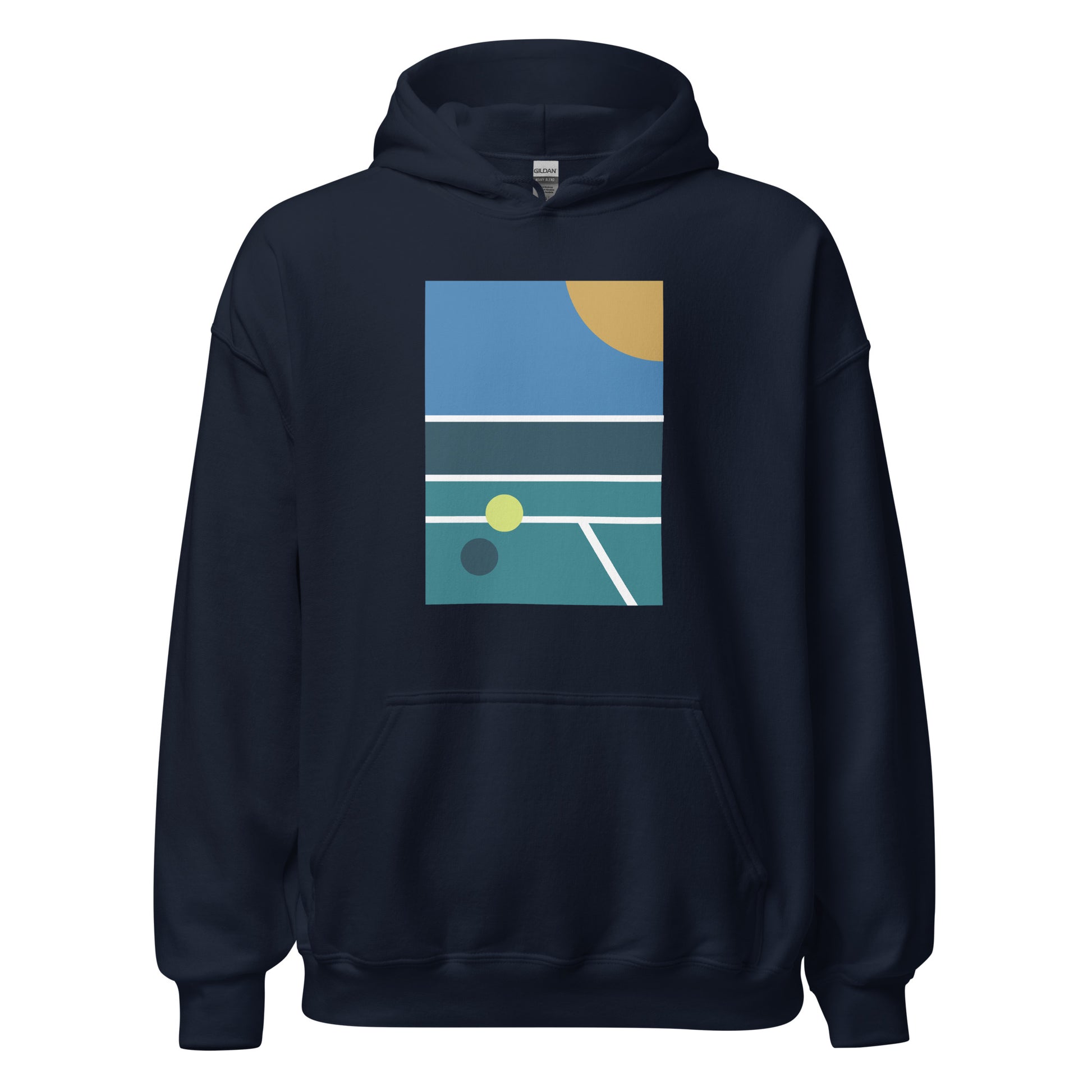 minimalist pickleball court scene on navy hoodie, front view on white background
