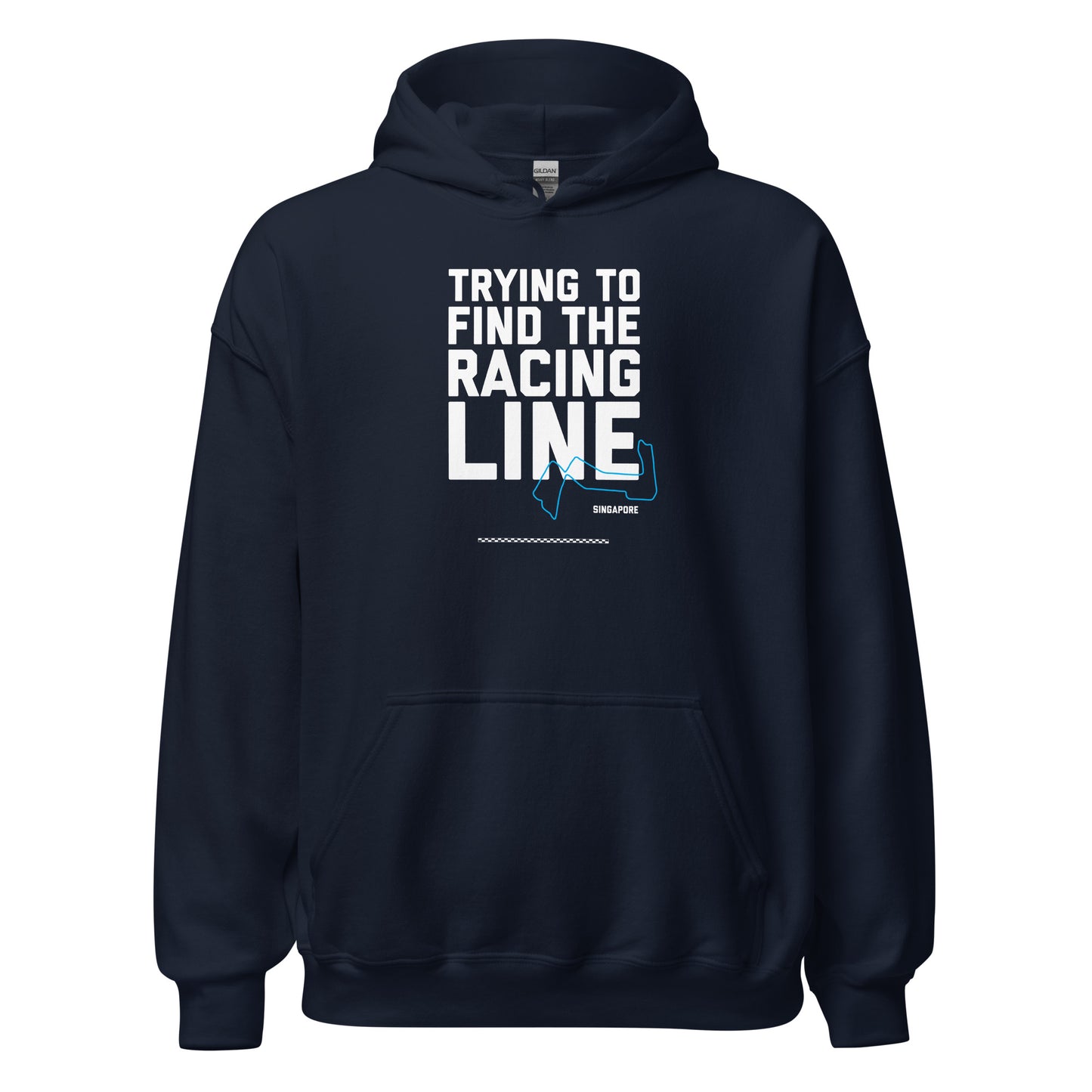 Trying To Find The Racing Line text on blue hoodie, front view on white background