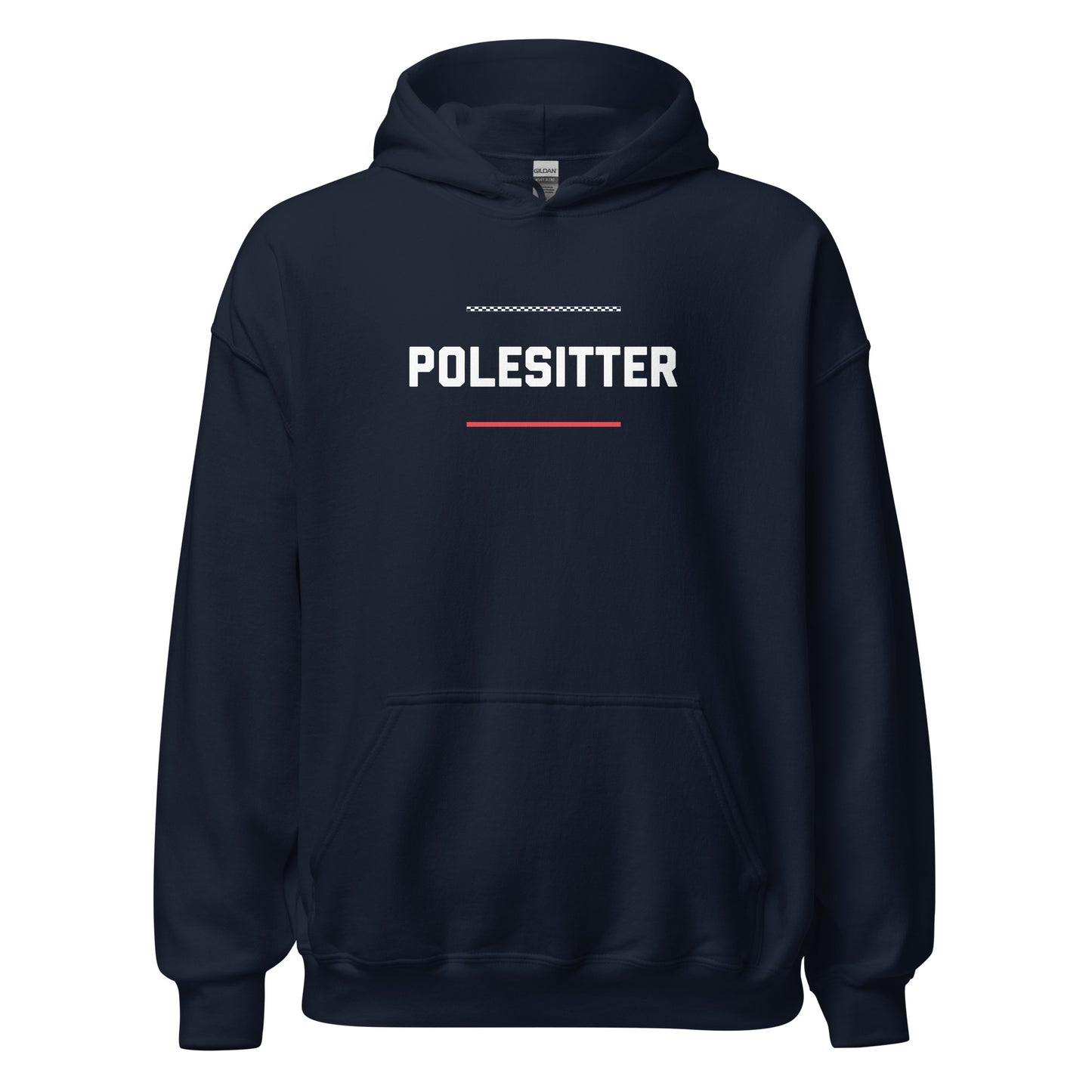 Polesitter text on navy hoodie, front view on white background