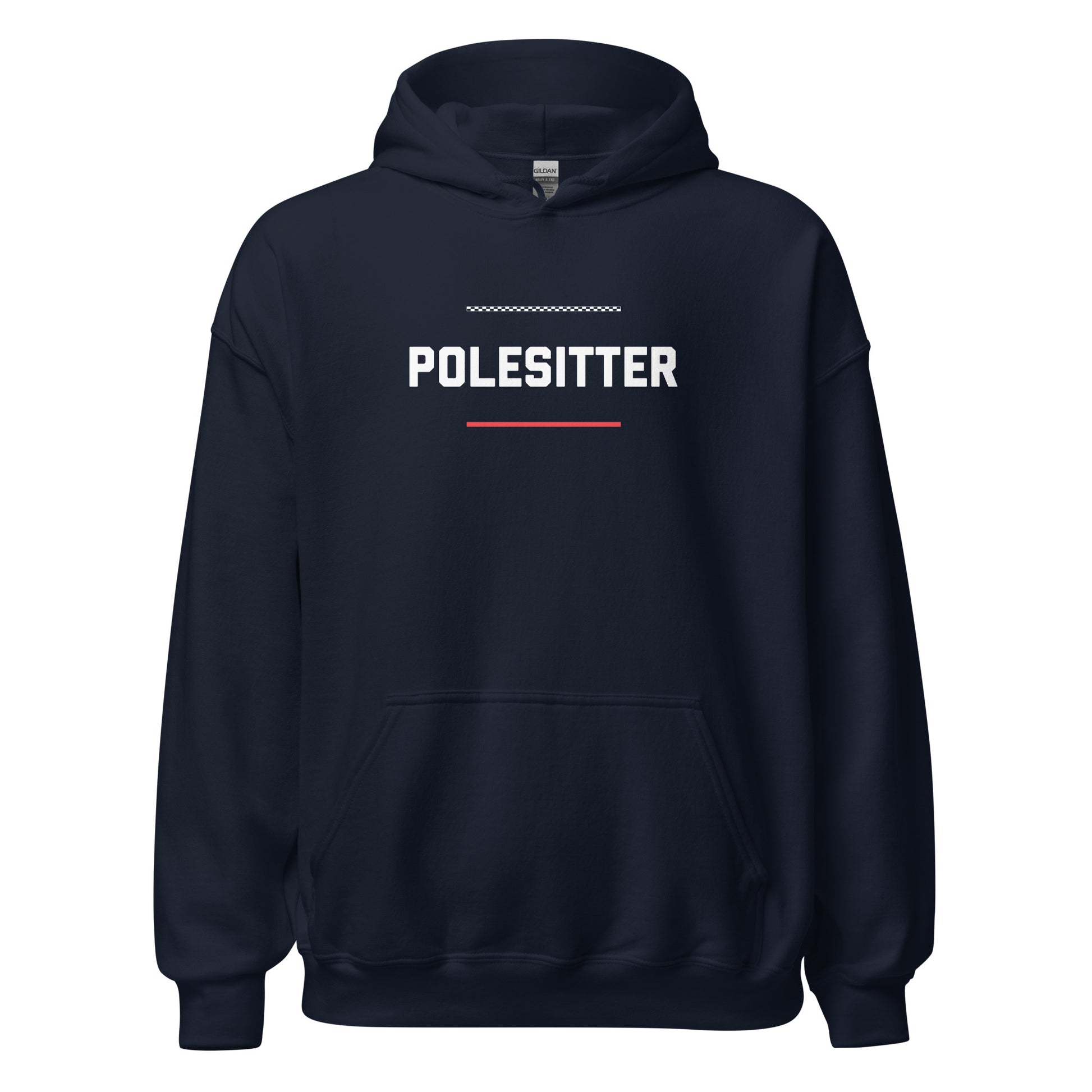 Polesitter text on navy hoodie, front view on white background