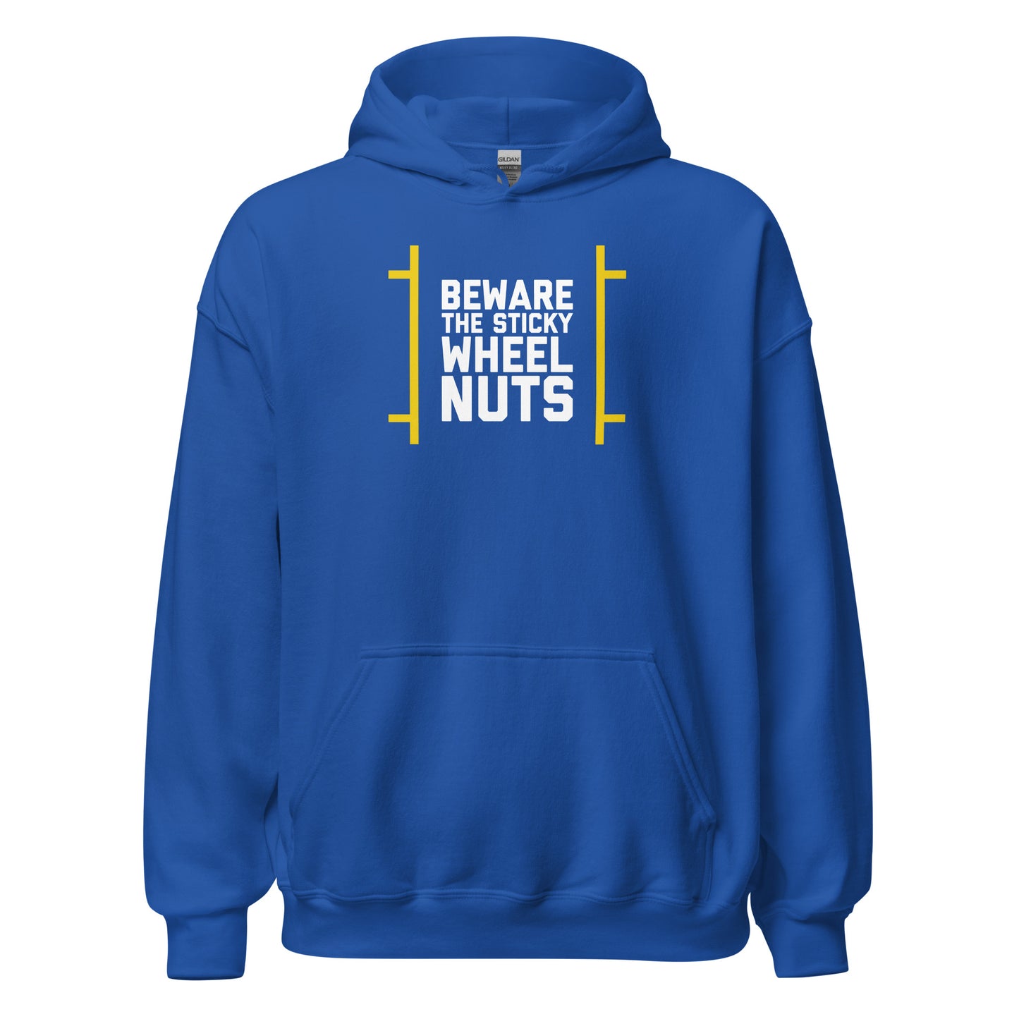 Beware The Sticky Wheel Nuts text on bright blue hoodie, front view on white background