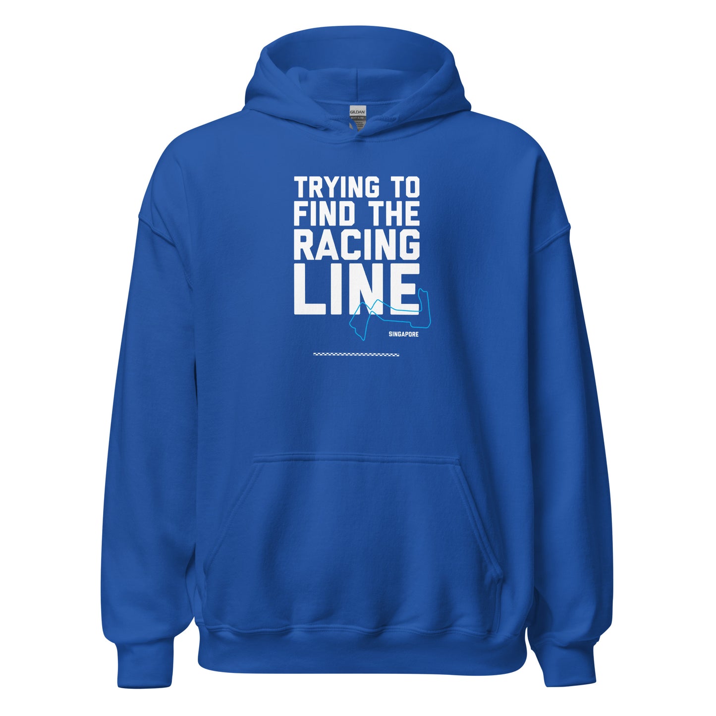 Trying To Find The Racing Line text on bright blue hoodie, front view on white background