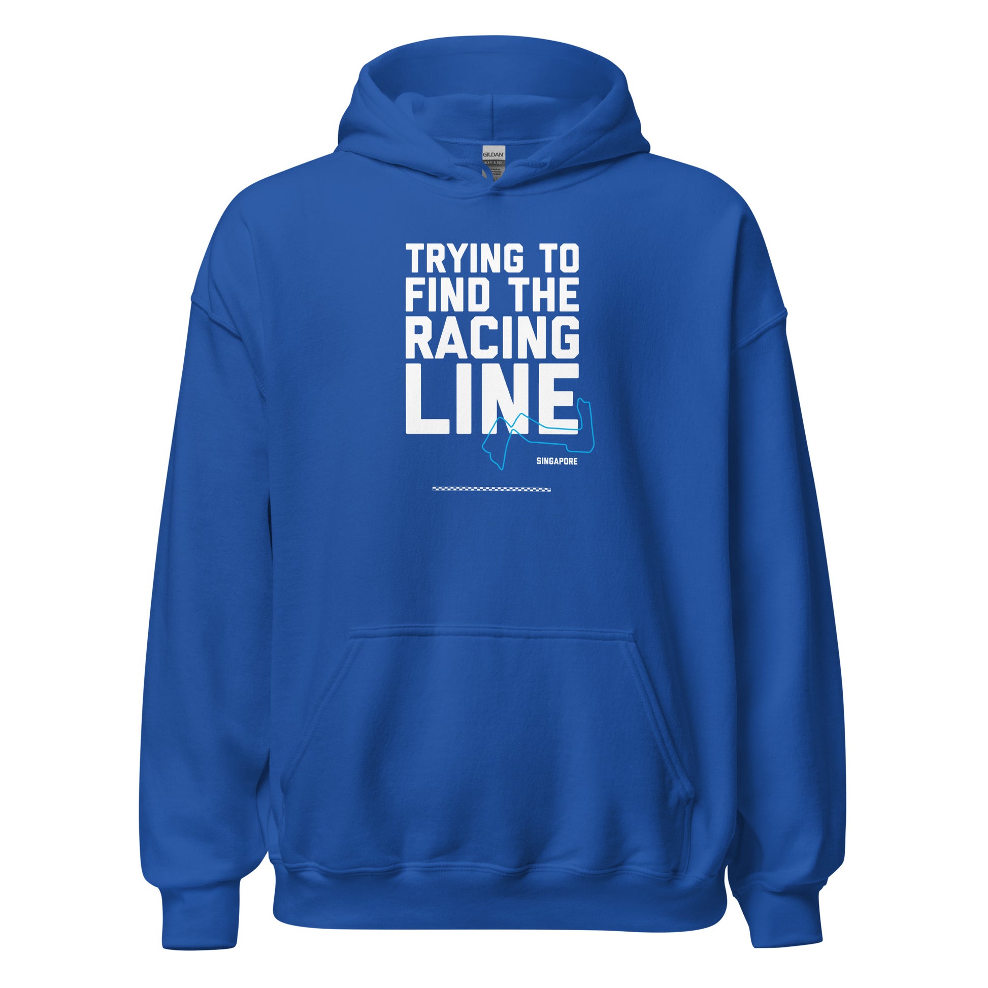 Trying To Find The Racing Line text on bright blue hoodie, front view on white background