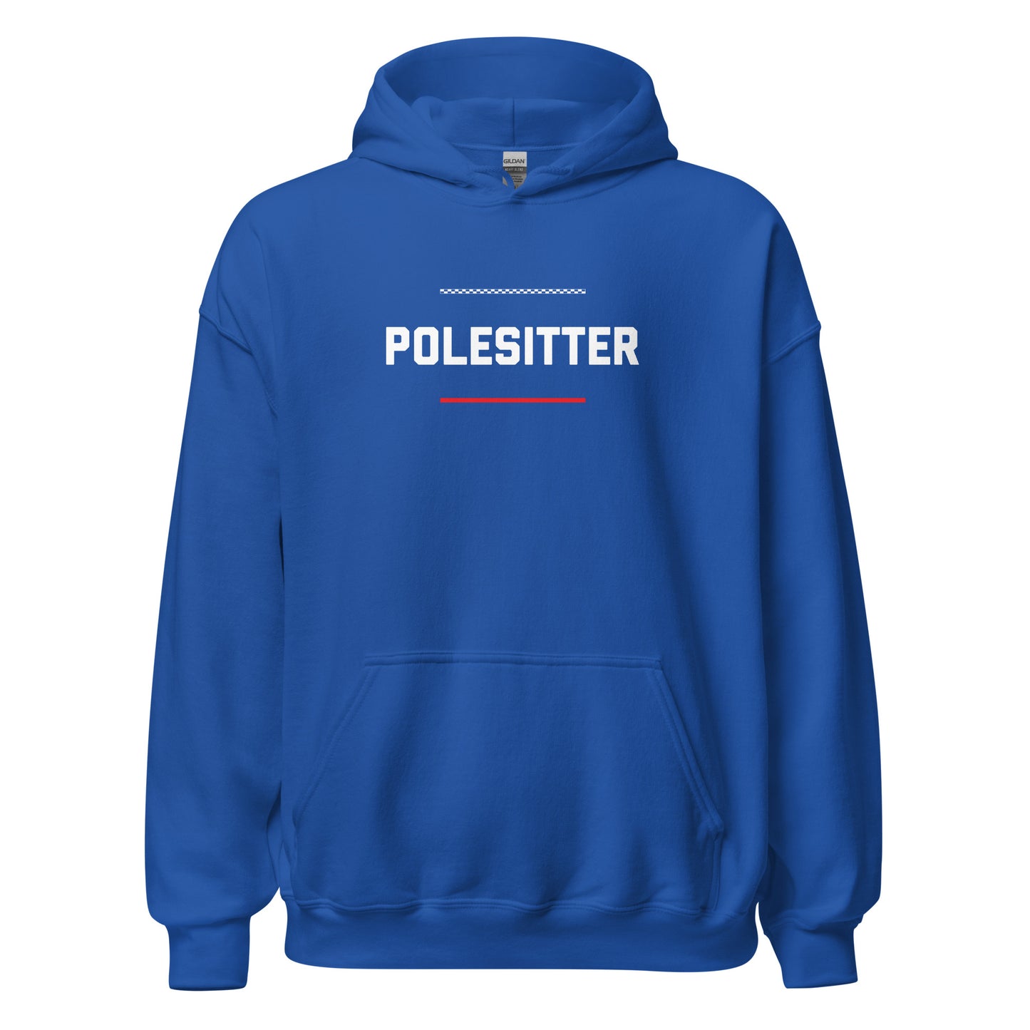 Polesitter text on blue hoodie, front view on white background