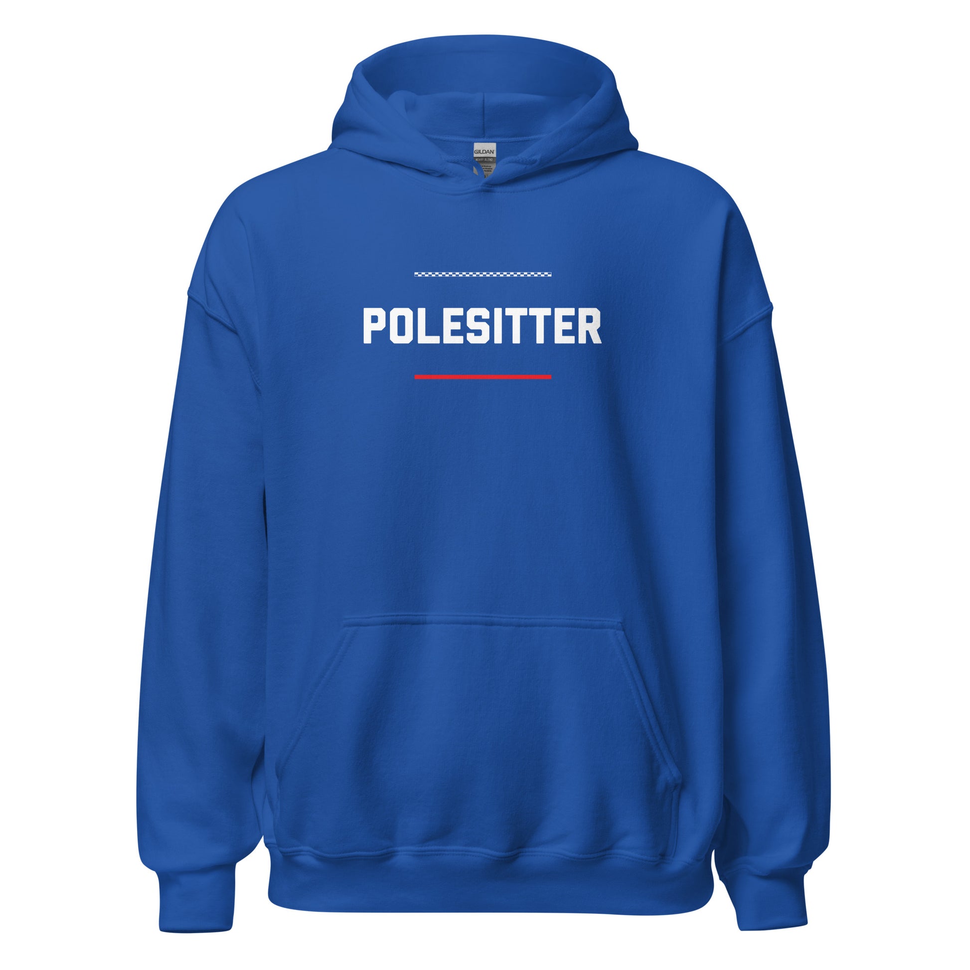 Polesitter text on blue hoodie, front view on white background