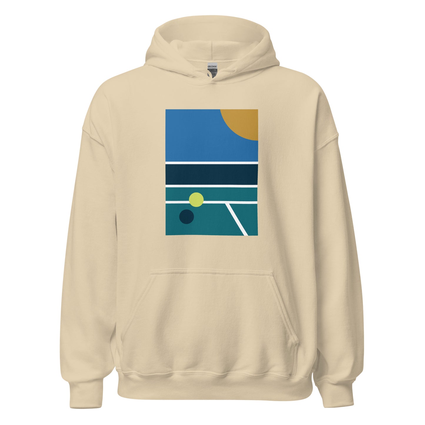 minimalist pickleball court scene on beige hoodie, front view on white background
