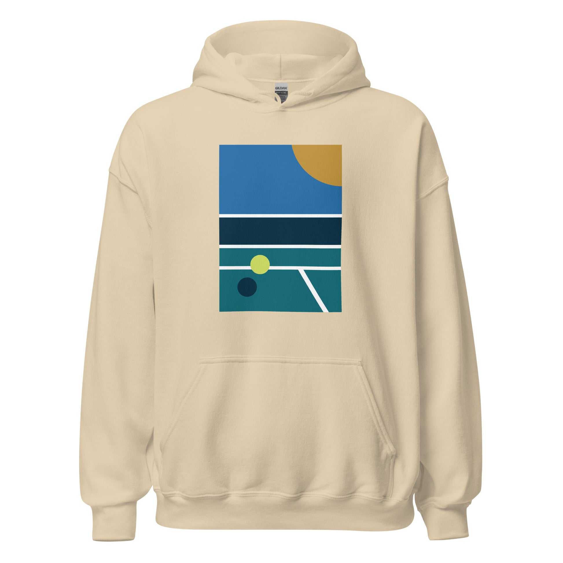 minimalist pickleball court scene on beige hoodie, front view on white background