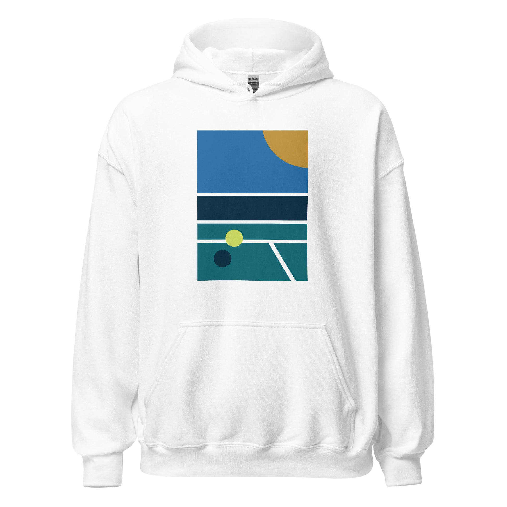 minimalist pickleball court scene on white hoodie, front view on white background