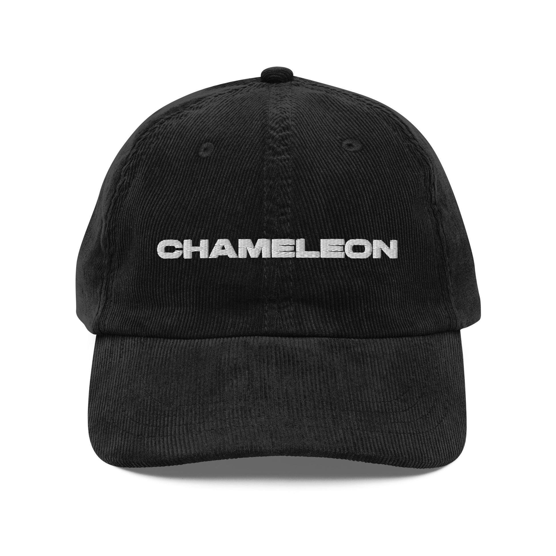 CHAMELEON, text, type, hat, dad hat, corduroy, cozy, design. front view of black hat on white background