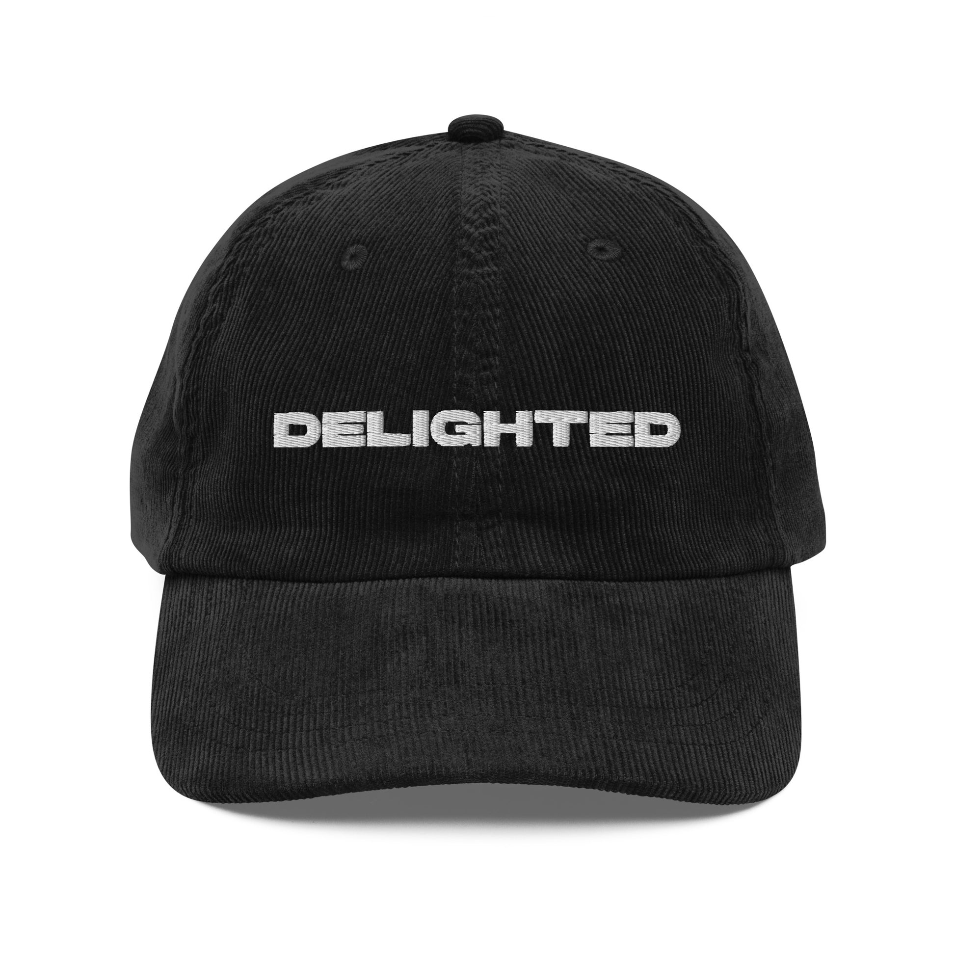 DELIGHTED, text, type, hat, dad hat, corduroy, cozy, design. front view of black hat on white background