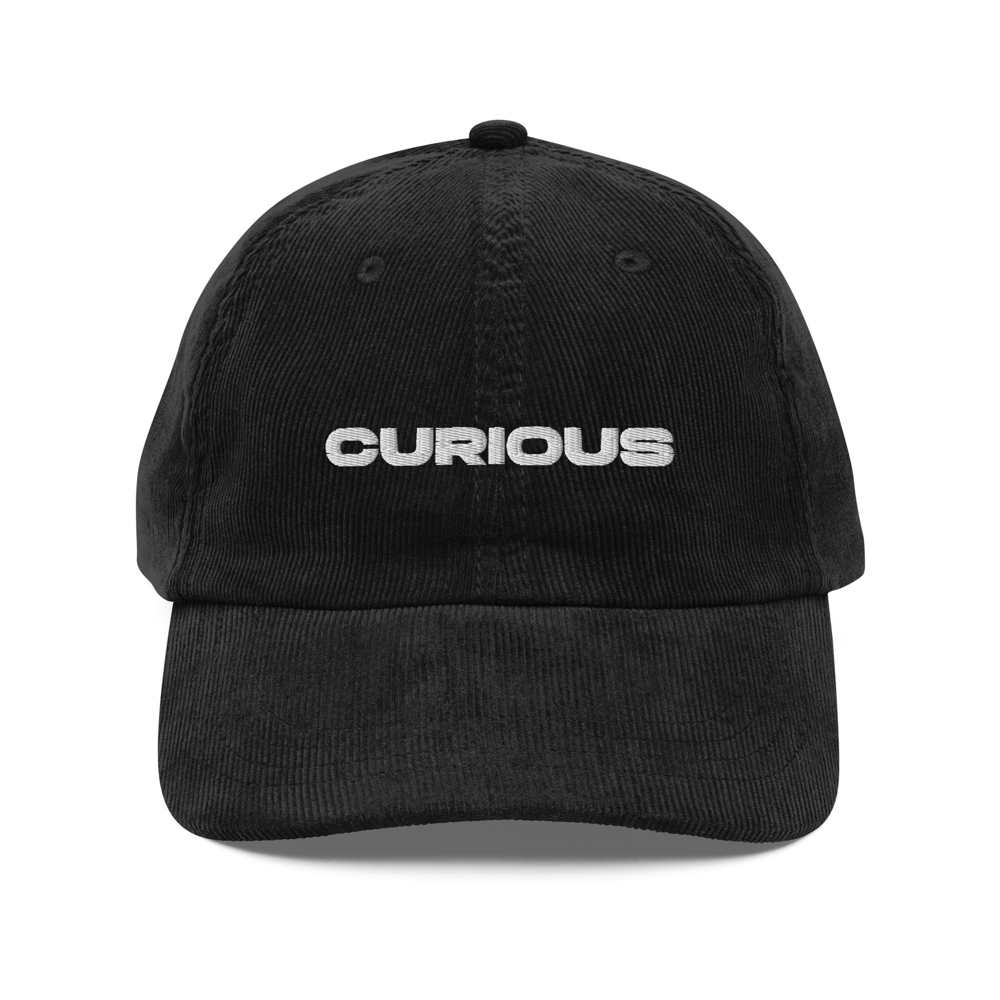 CURIOUS, text, type, hat, dad hat, corduroy, cozy, design. front view of black hat on white background