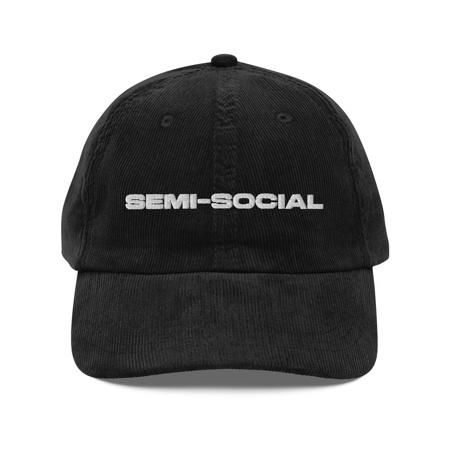 SEMI-SOCIAL, text, type, hat, dad hat, corduroy, cozy, design. front view of black hat on white background