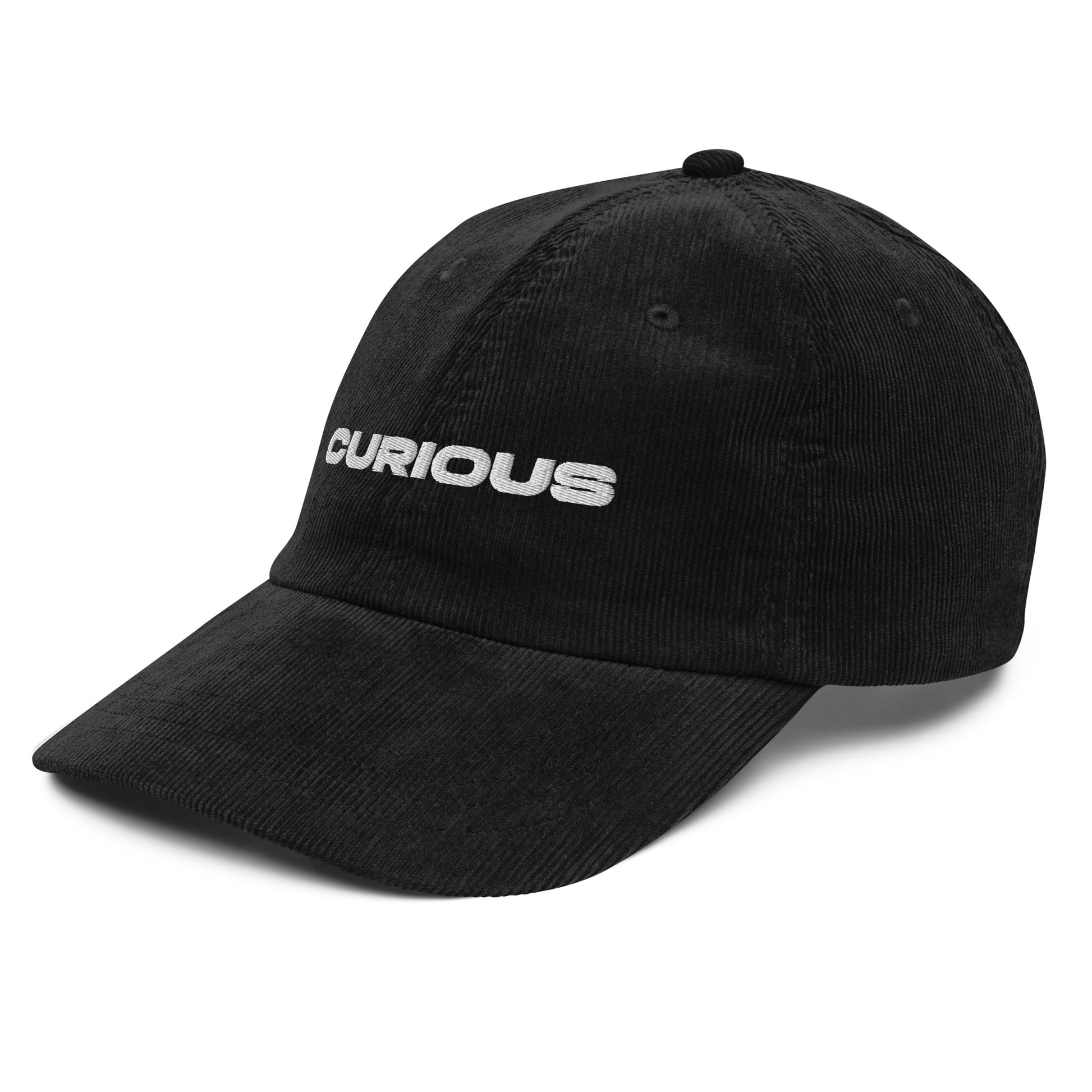 CURIOUS, text, type, hat, dad hat, corduroy, cozy, design. front right side view of black hat on white background
