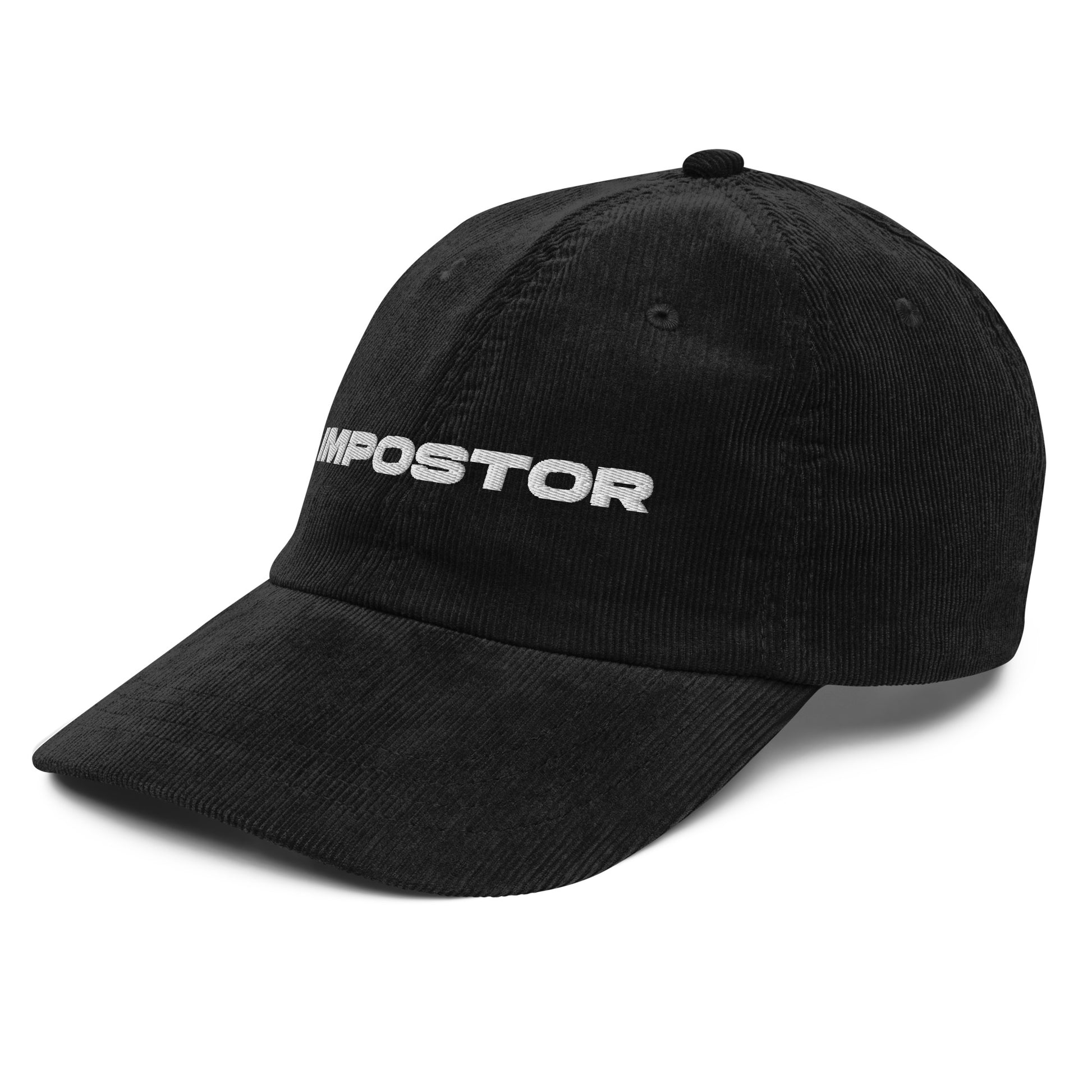 IMPOSTOR, text, type, hat, dad hat, corduroy, cozy, design. front right side view of black hat on white background